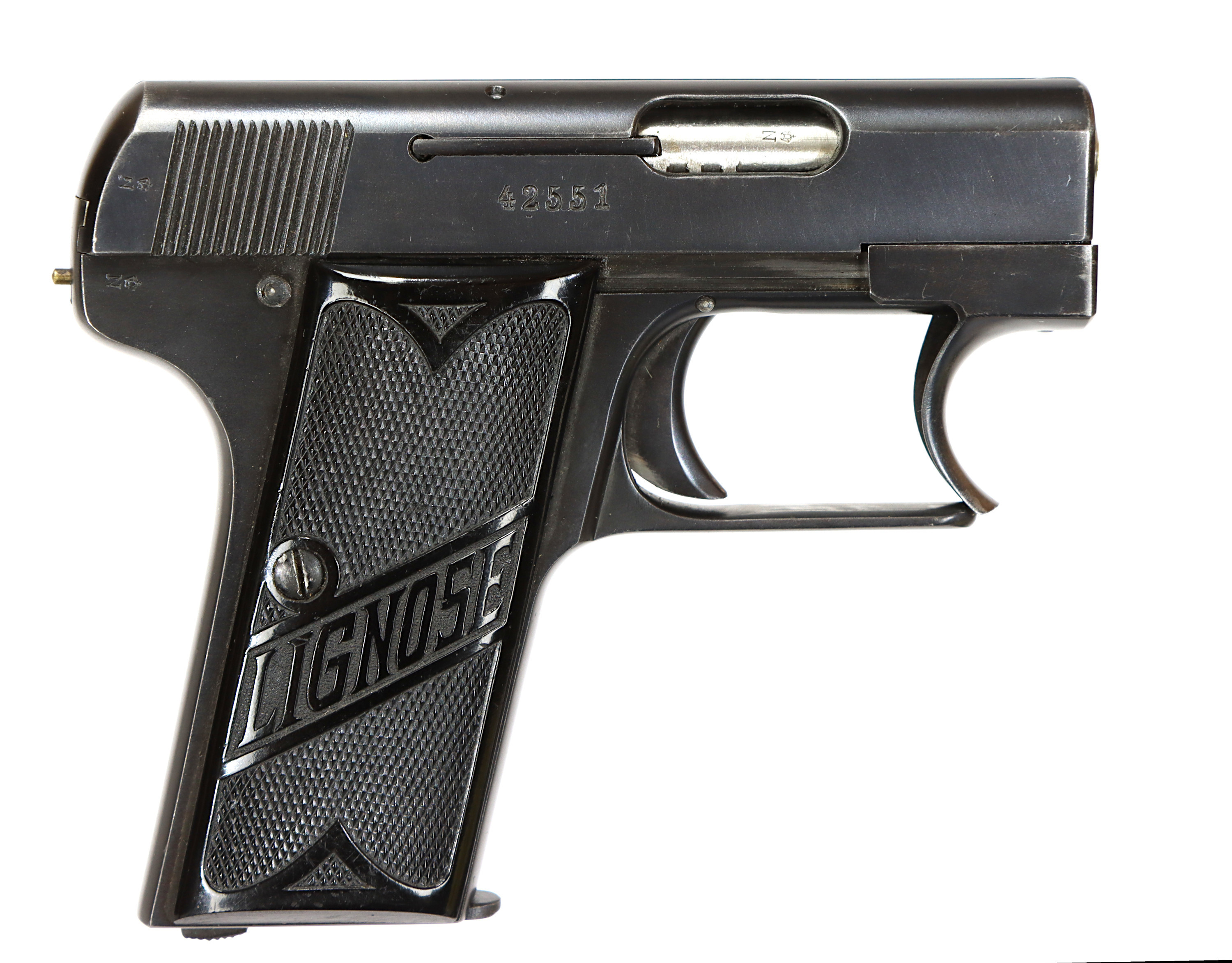 PISTOL, Halvautomatisk, fabrikat AKT-GES LIGNOSE, modell 3A, kaliber 6,35mm, tillv.nr 42551, se-nr SE0210308.