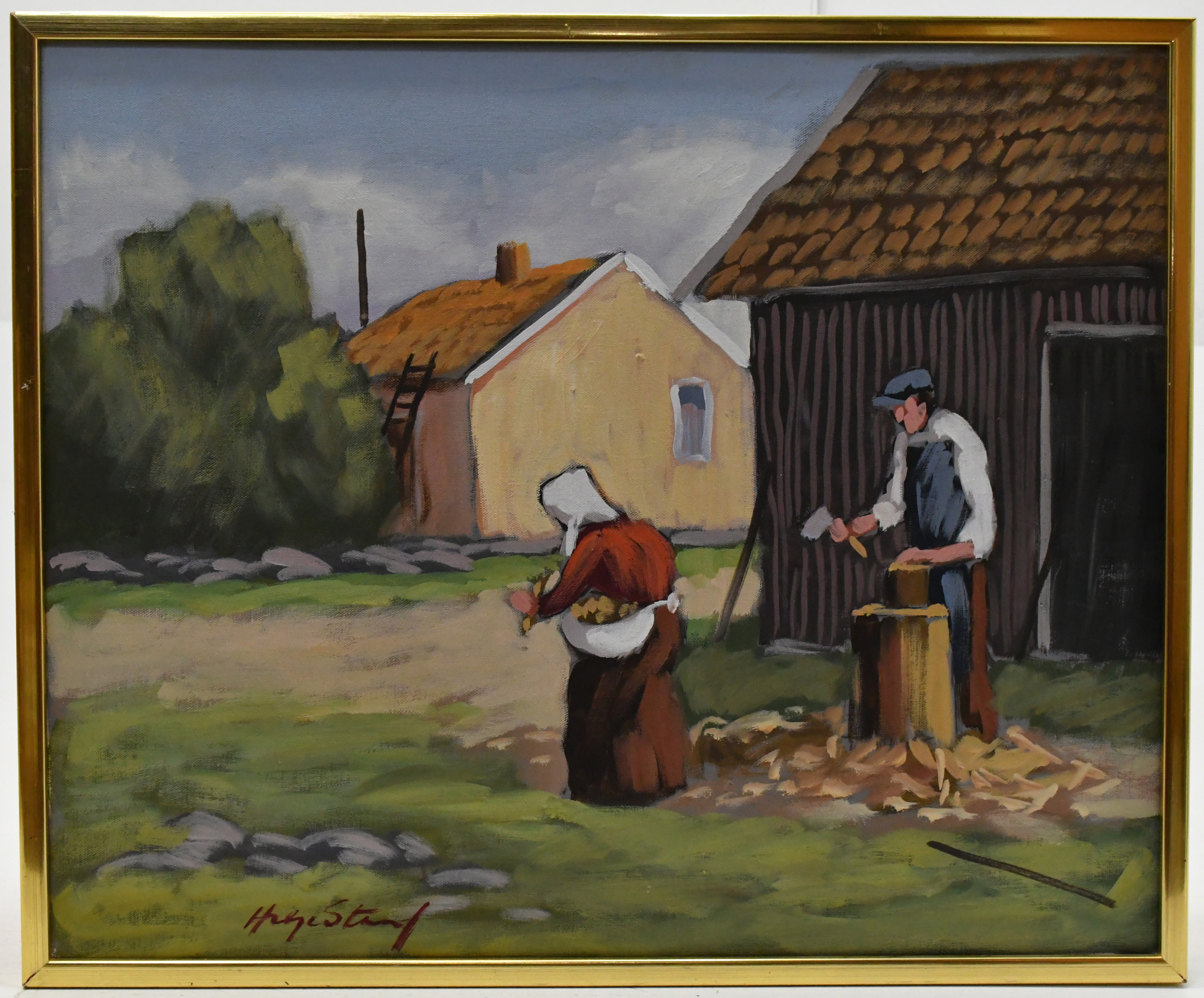 HELGE STRAND. På gården. Olja på duk.