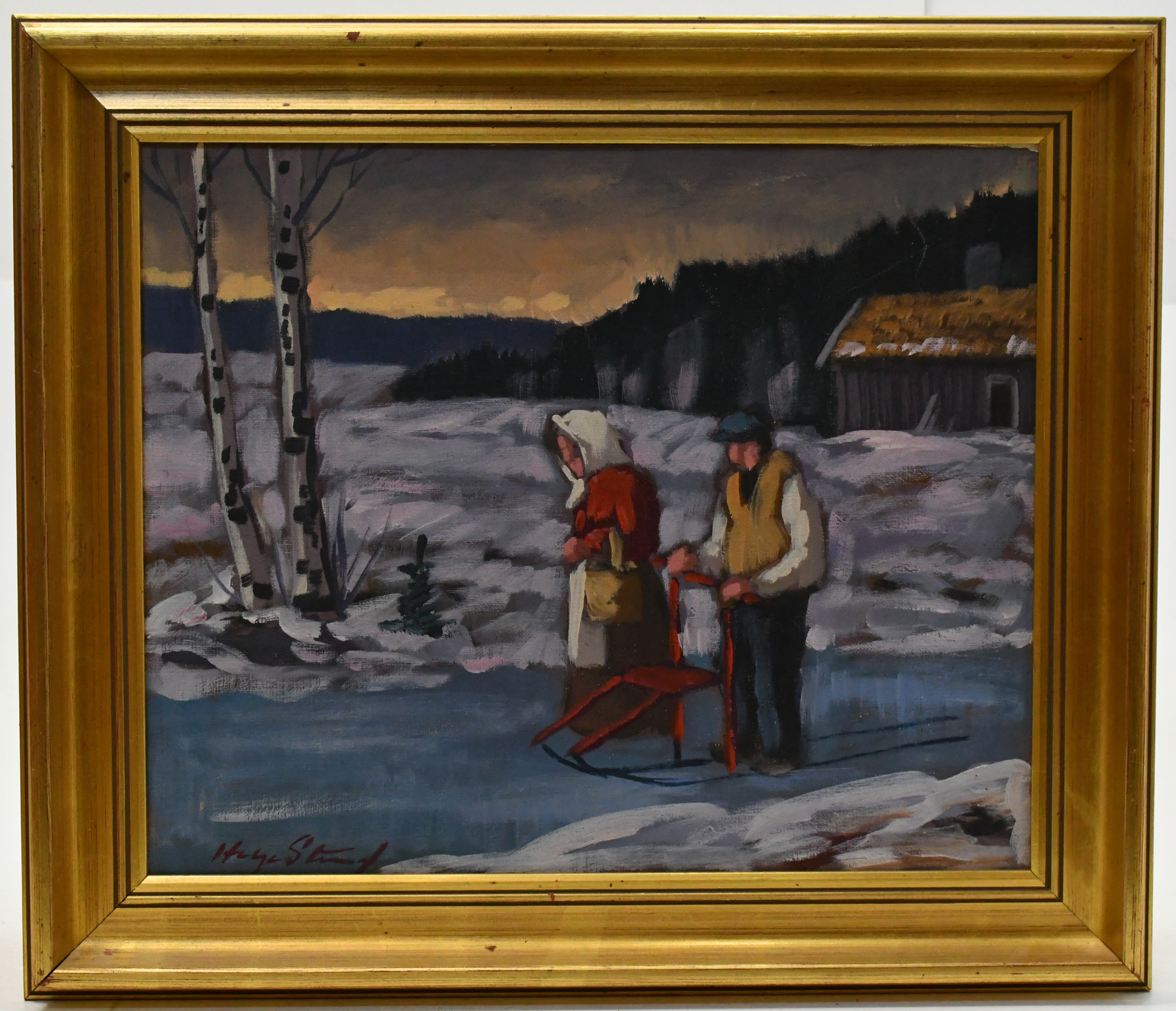 HELGE STRAND. Vinterpromenad med spark. Olja på duk.