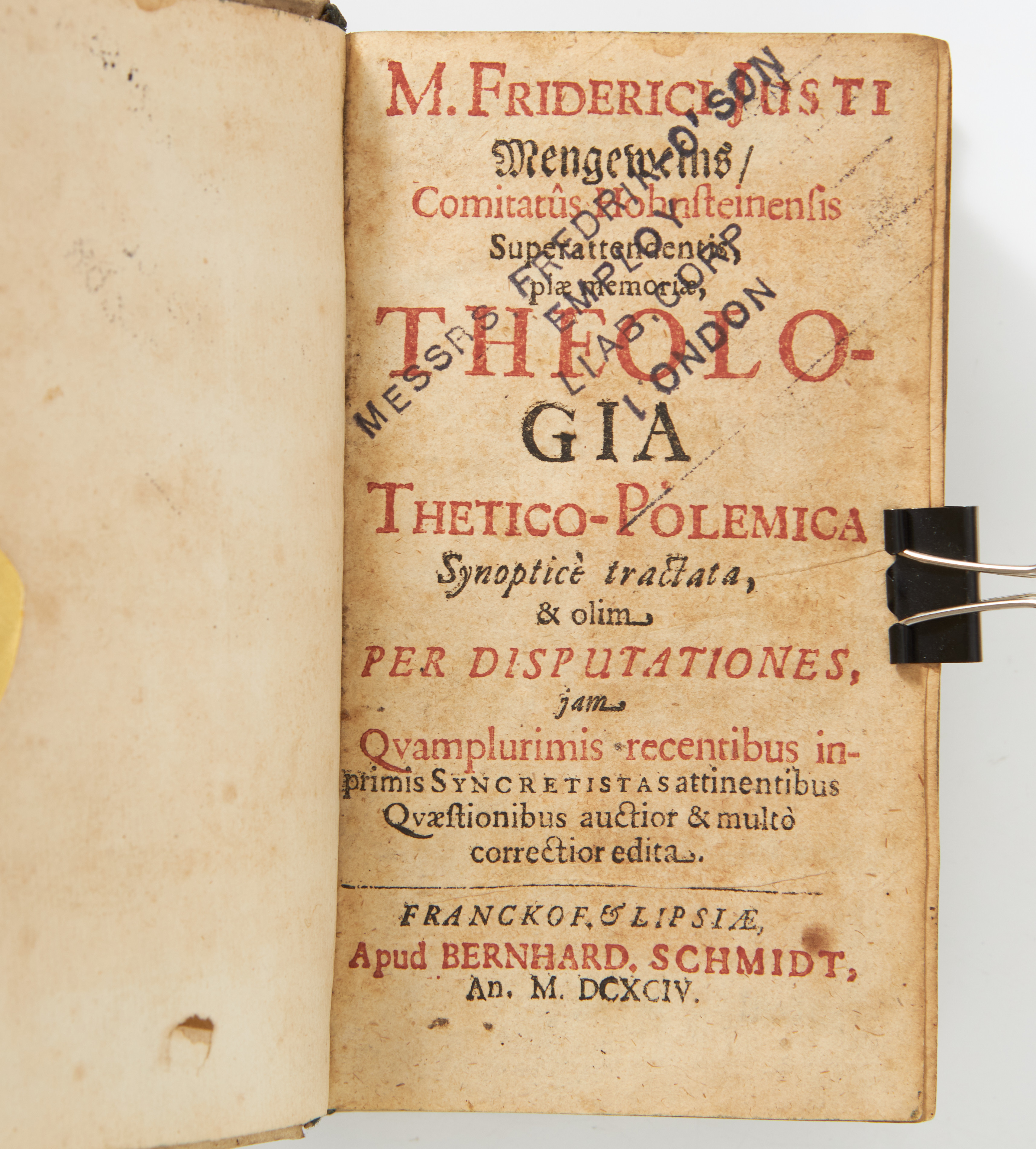 MENGEWEIN, THEOLOGIA THETICO-POLEMICA, PERGAMENTBAND, 1694.