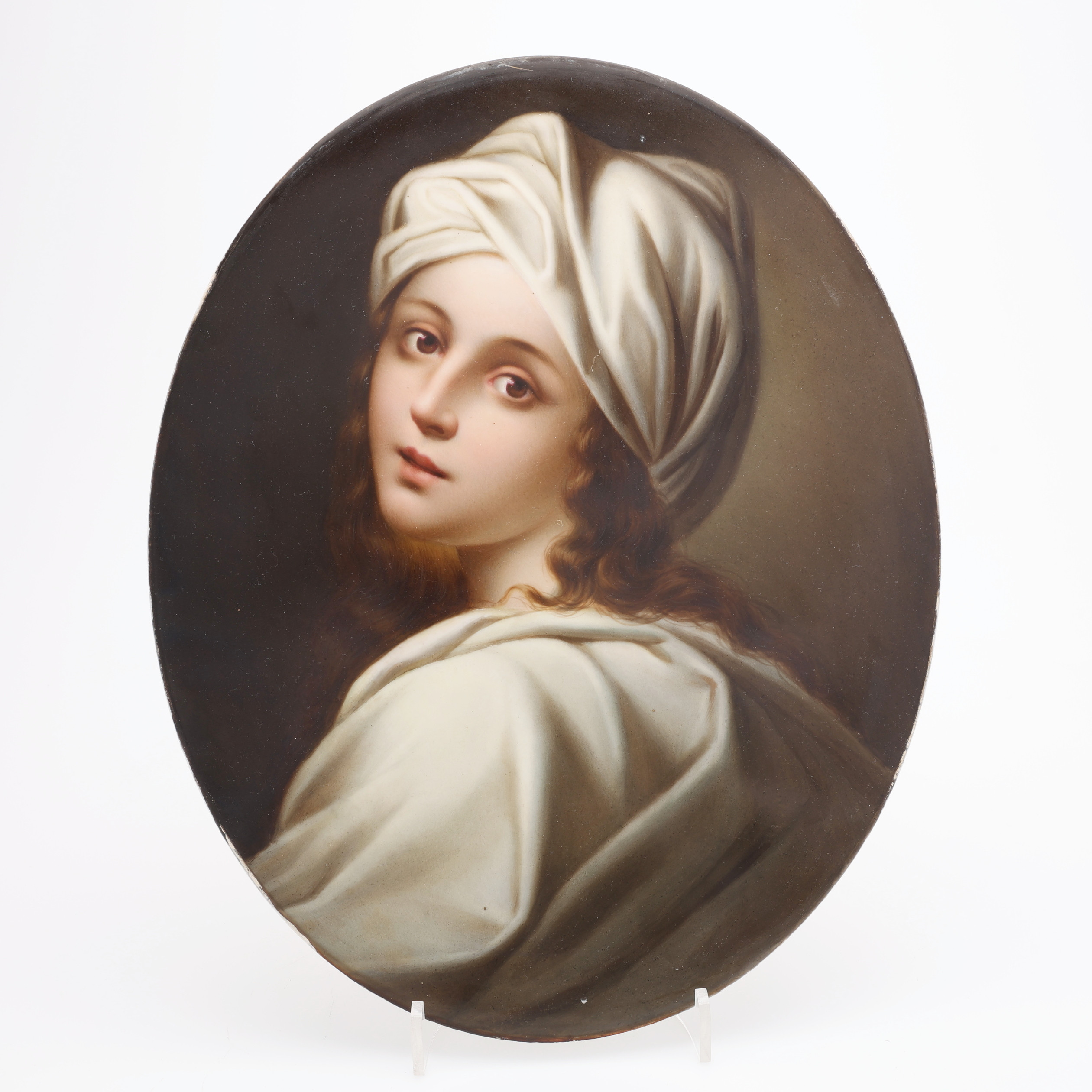GINEVRA CANTOFOLI. EFTER. PORSLINSMÅLNING, FÖRESTÄLLANDE PORTRÄTT AV BEATRICE CENCI I PALAZZO BARBERINI, KPM BERLIN, 1800-TALETS FÖRSTA HÄLFT.