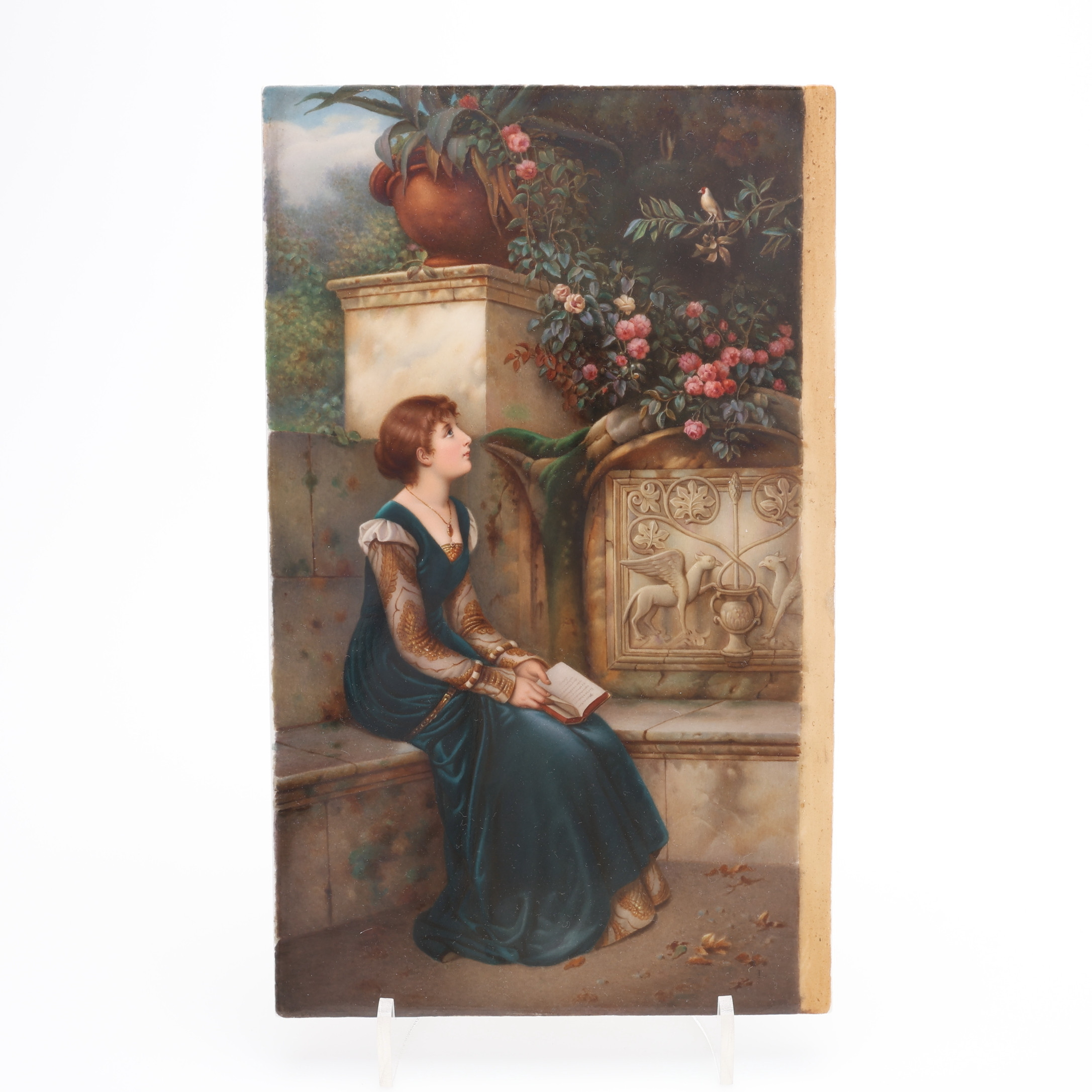 PORSLINSMÅLNING, LÄSANDE KVINNA I RENÄSSANSKLÄDSEL, KPM BERLIN.