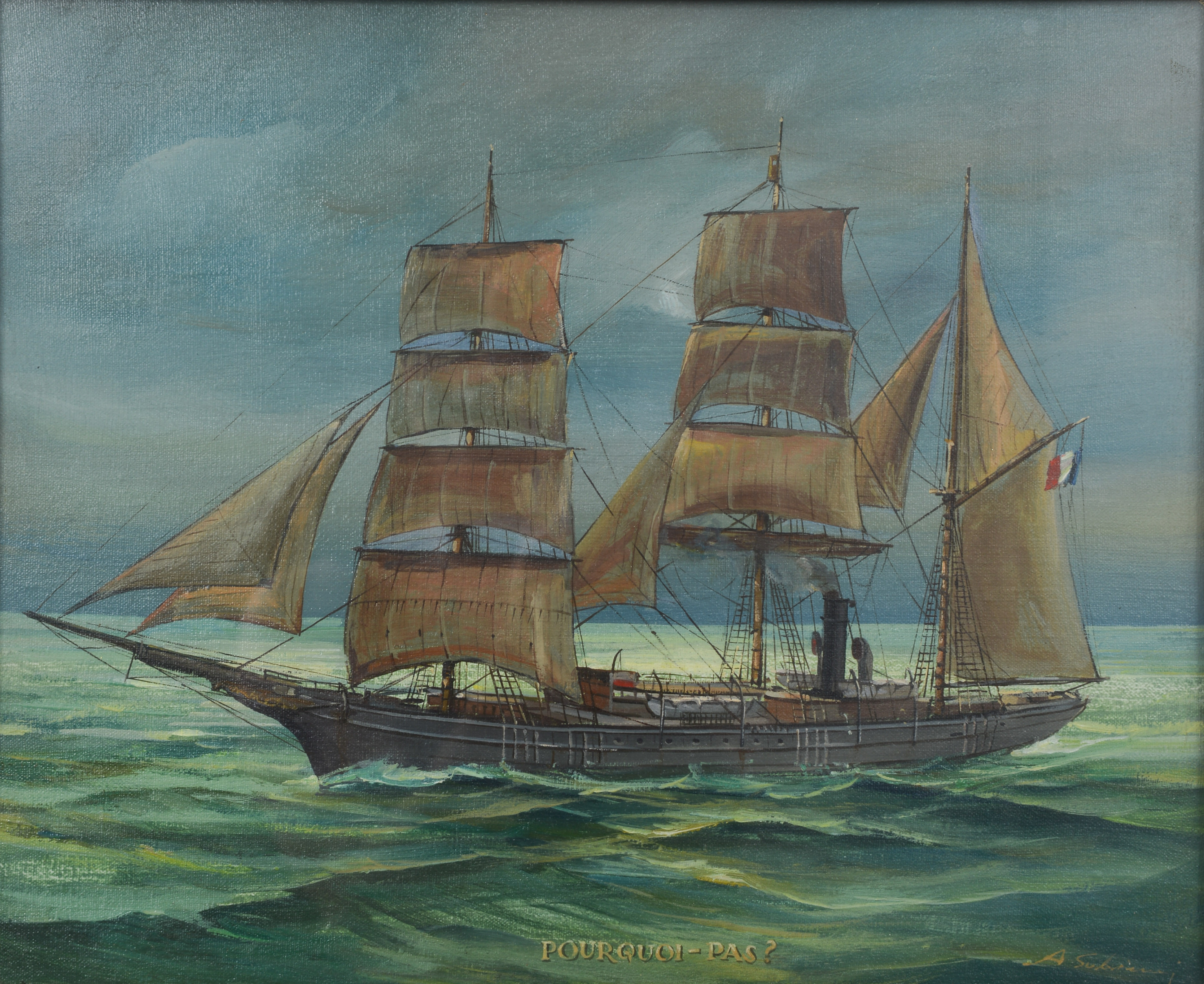 ANDRZEJ SOBIERAJ. Franska fartyget "Pourquoi-Pas?", olja på pannå, signerad.