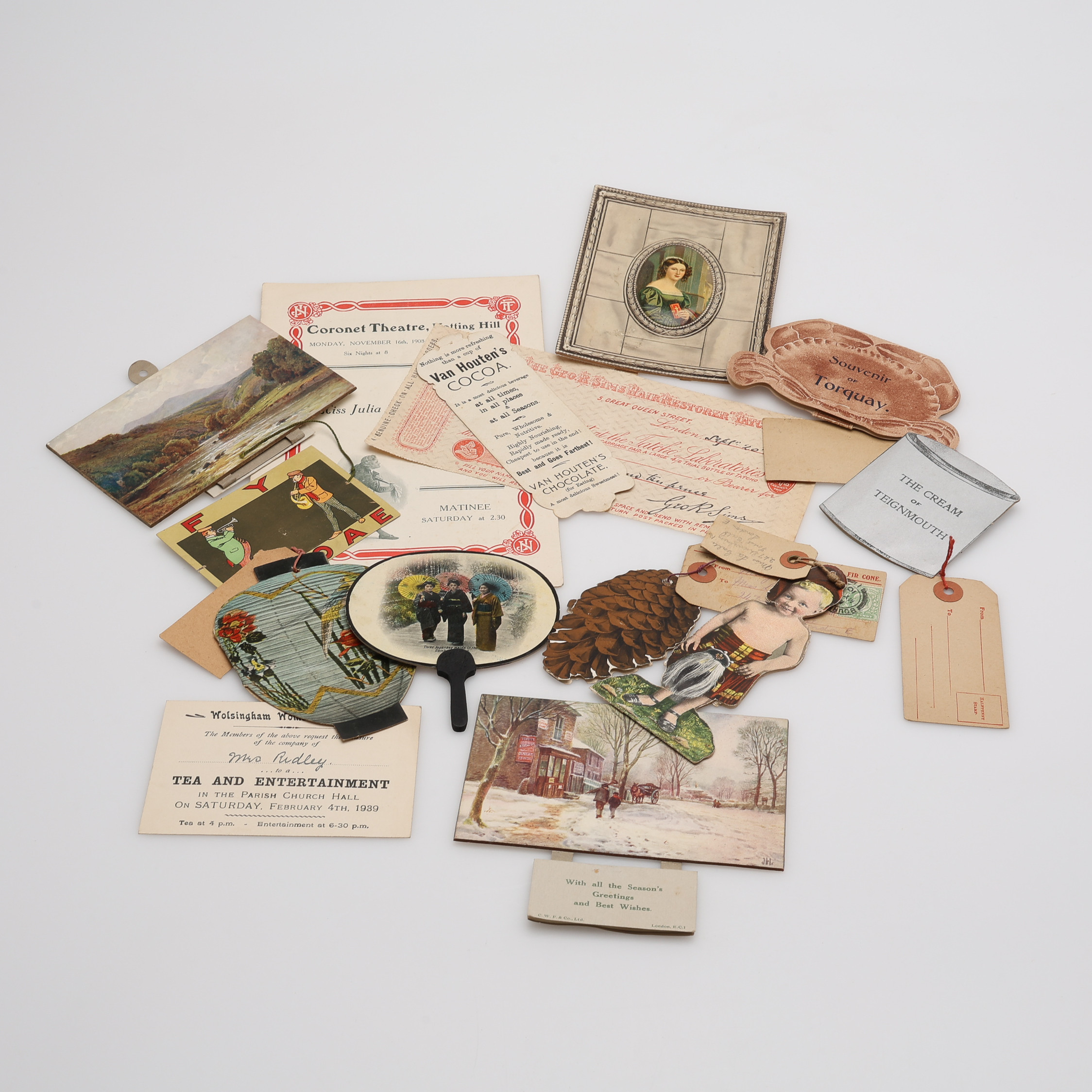 DIVERSE KORT, UTKLIPP & REKLAM, 14 DELAR, STORBRITANNIEN, OMKRING 1900.