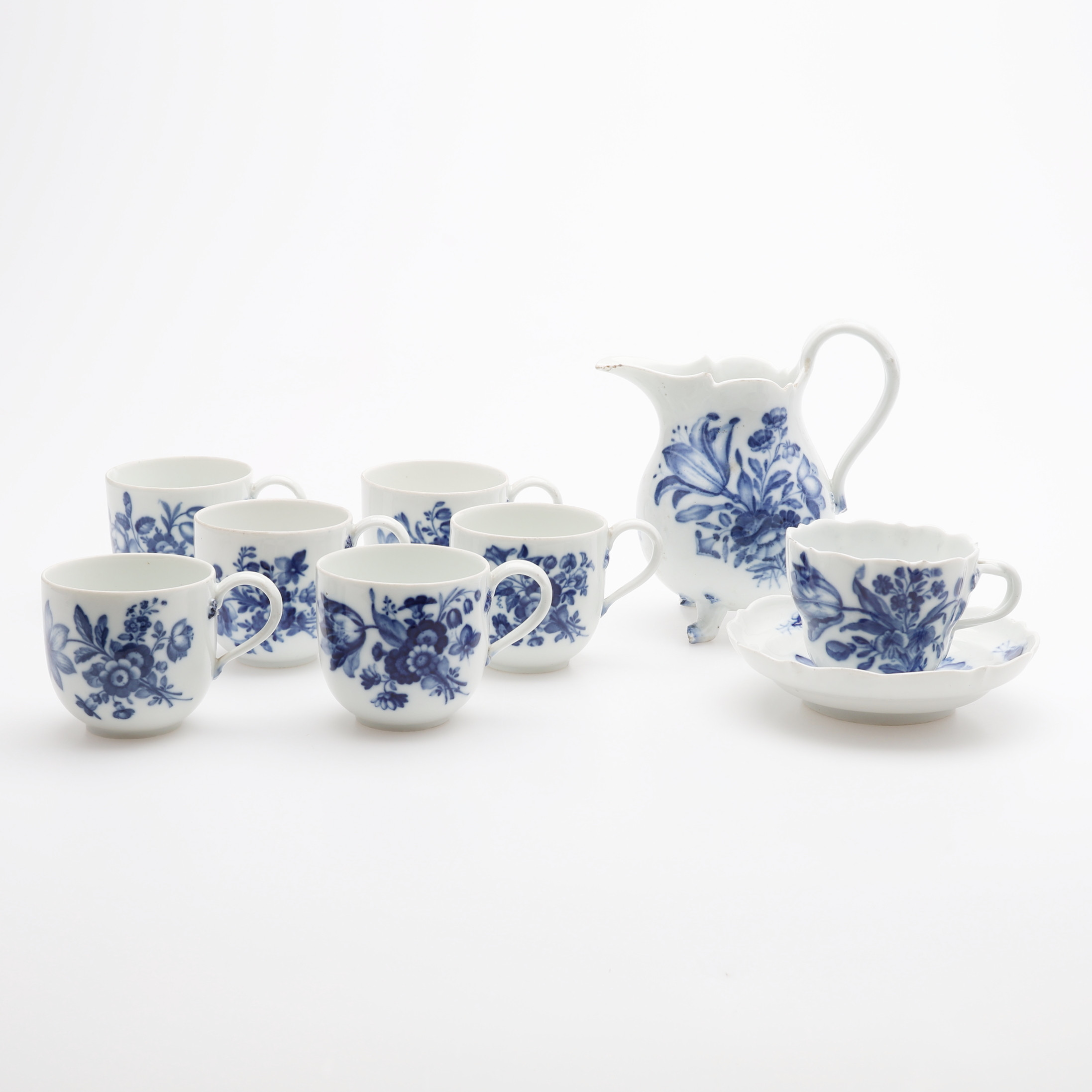 KOPP MED FAT, KANNA & 6 ST KOPPAR, PORSLIN, MEISSEN, 17/1800-TAL.