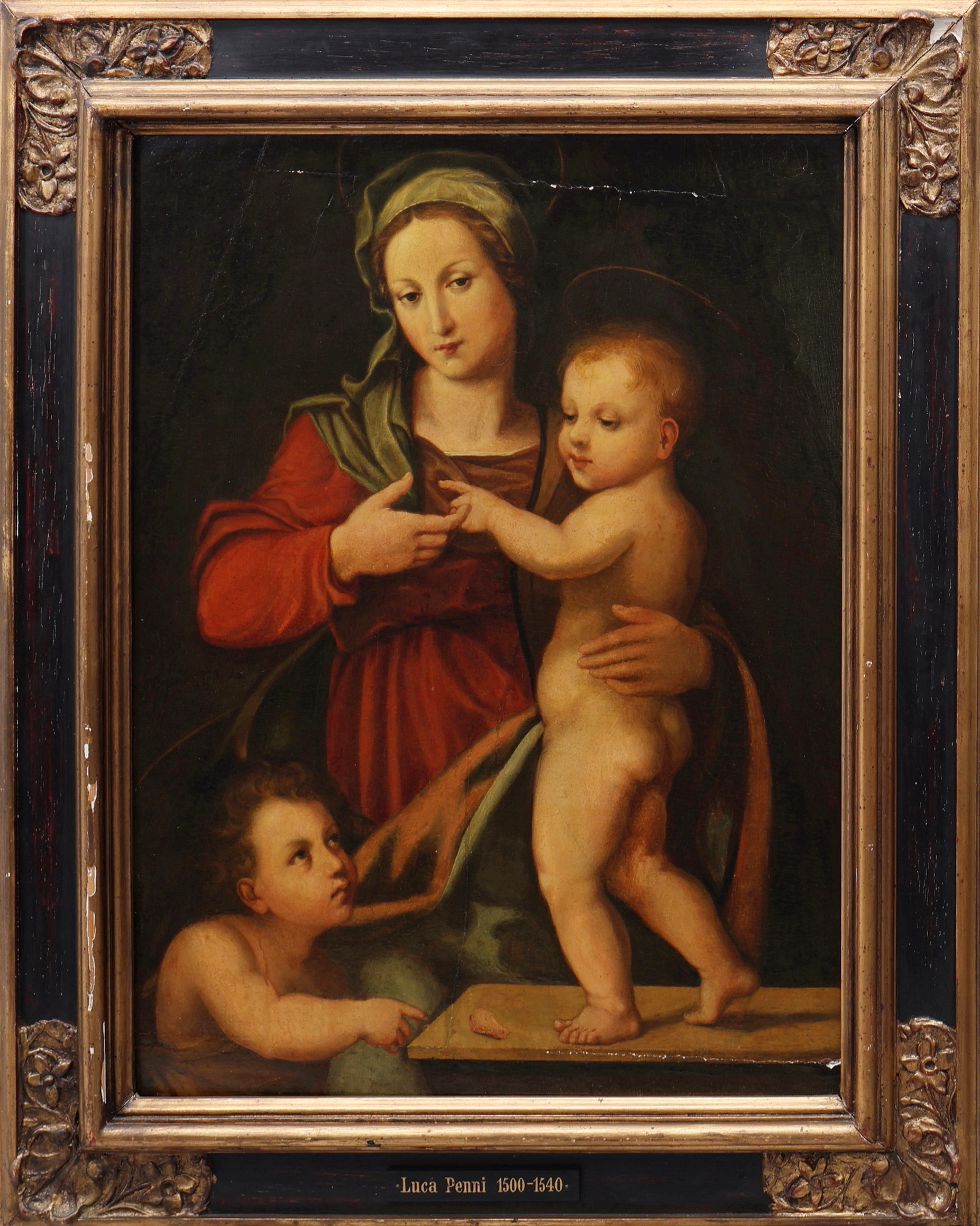 "MAESTRO DI VOLTERRA", GIOVAMBATTISTA VERROCCHI 1494-1569. TILLSKRIVEN. OIL ON POPLAR PANEL, MADONNA AND CHILD WITH YOUNG SAINT JOHN THE BAPTIST, FLORENCE 1525-50.