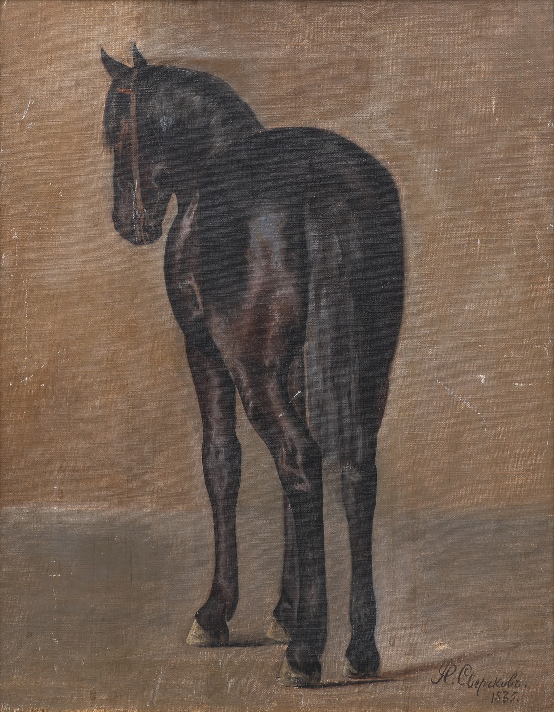 NIKOLAI YEGOROVICH SVERCHKOV 1817-1898. OLJA PÅ DUK, HÄST BAKIFRÅN, SIGNERAD OCH DATERAD 1835.