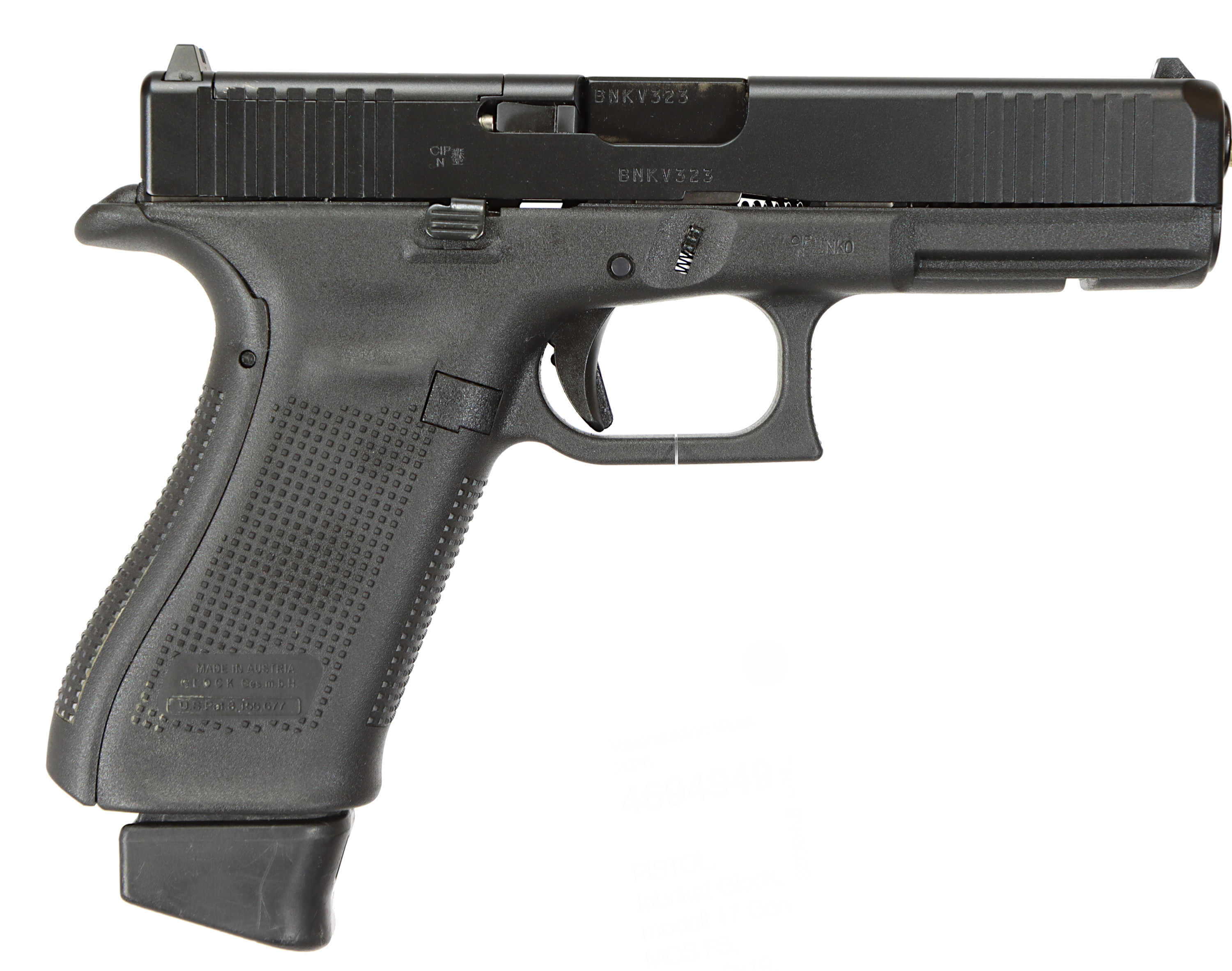 PISTOL, fabrikat Glock, modell 17 Gen MOS FS, kaliber 9x19, tillv.nr BNKV323, se-nr SE3215555.