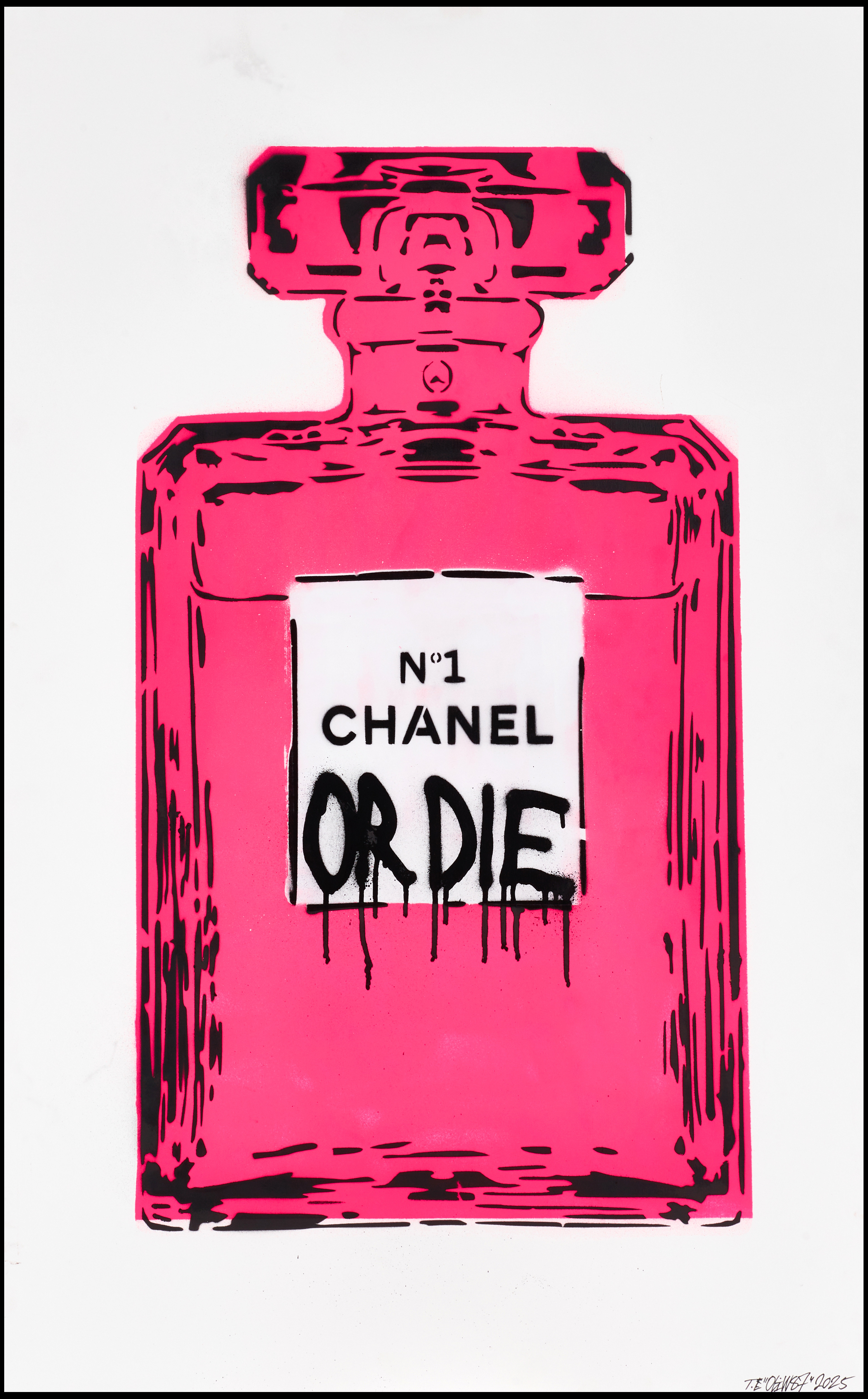 OLIW87 (Tobias Ekman, Sverige, född 1987), CHANEL OR DIE (rosa), original, signerad och daterad T.E Oliw87, 2025, sprayfärg på papper.