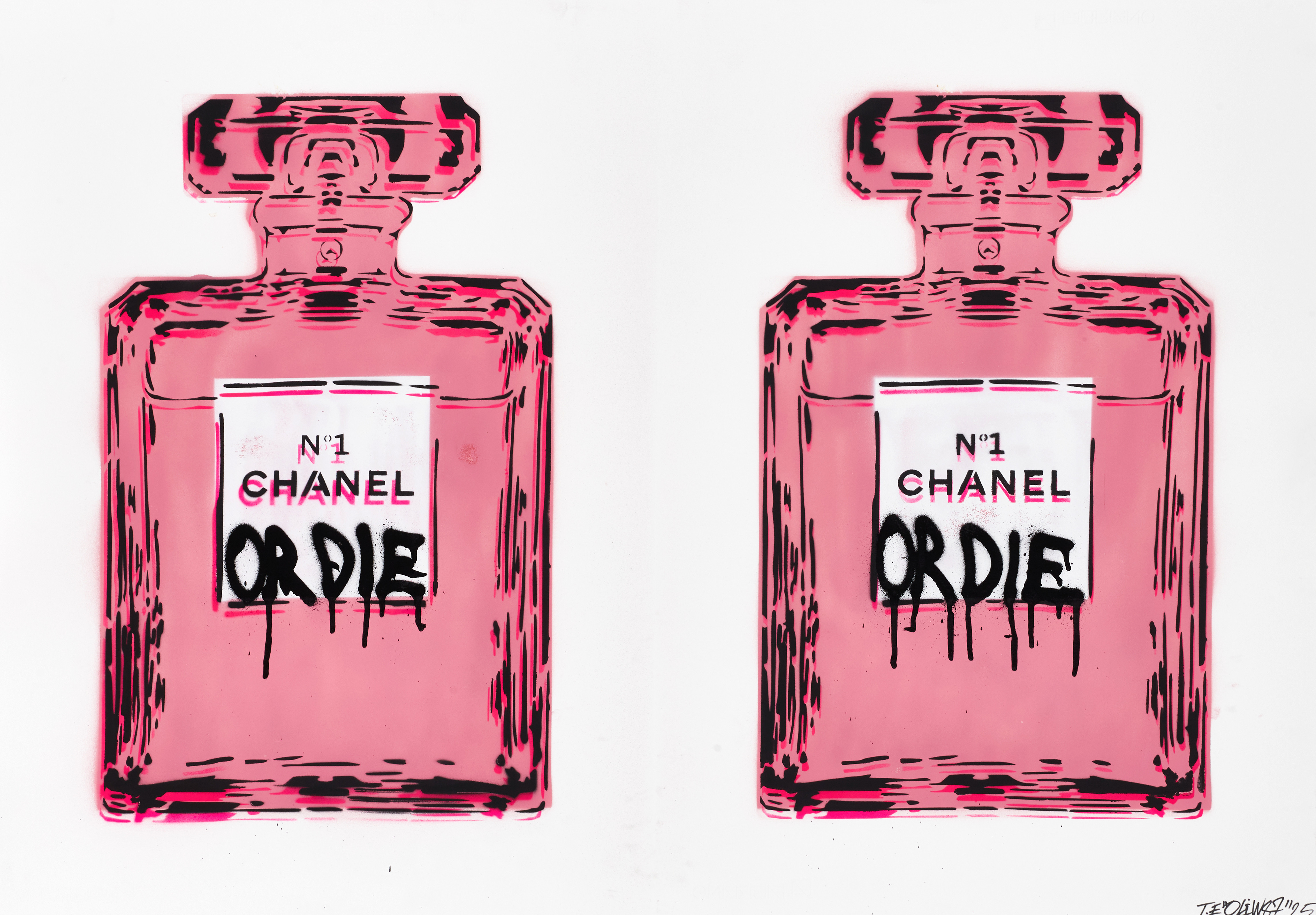 OLIW87 (Tobias Ekman, Sverige, född 1987), CHANEL OR DIE (rosa, dubbel), original, signerad och daterad T.E Oliw87, 25, sprayfärg på papper.