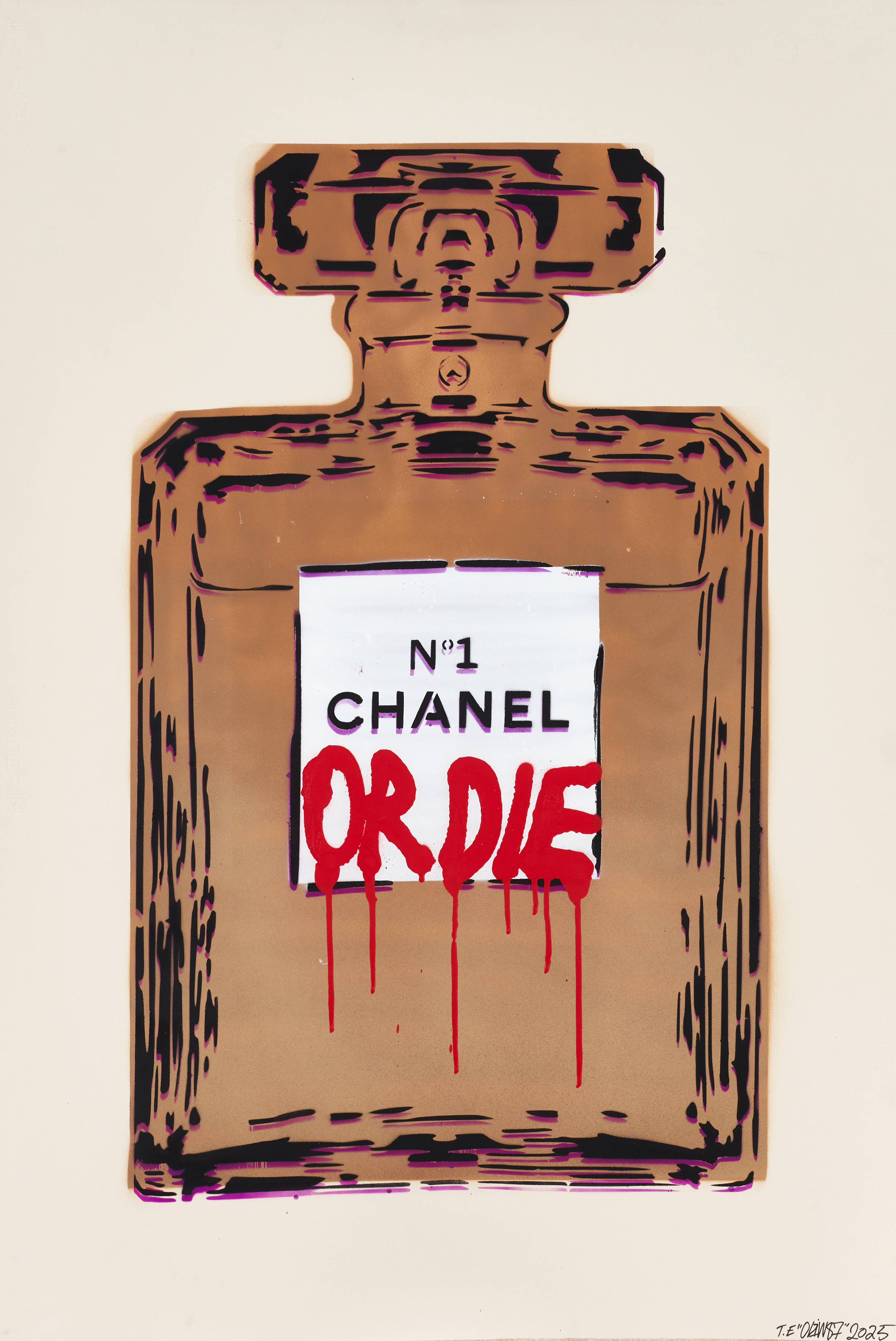 OLIW87 (Tobias Ekman, Sverige, född 1987), CHANEL OR DIE (guld), original, signerad och daterad T.E Oliw87, 2025, sprayfärg på papper.