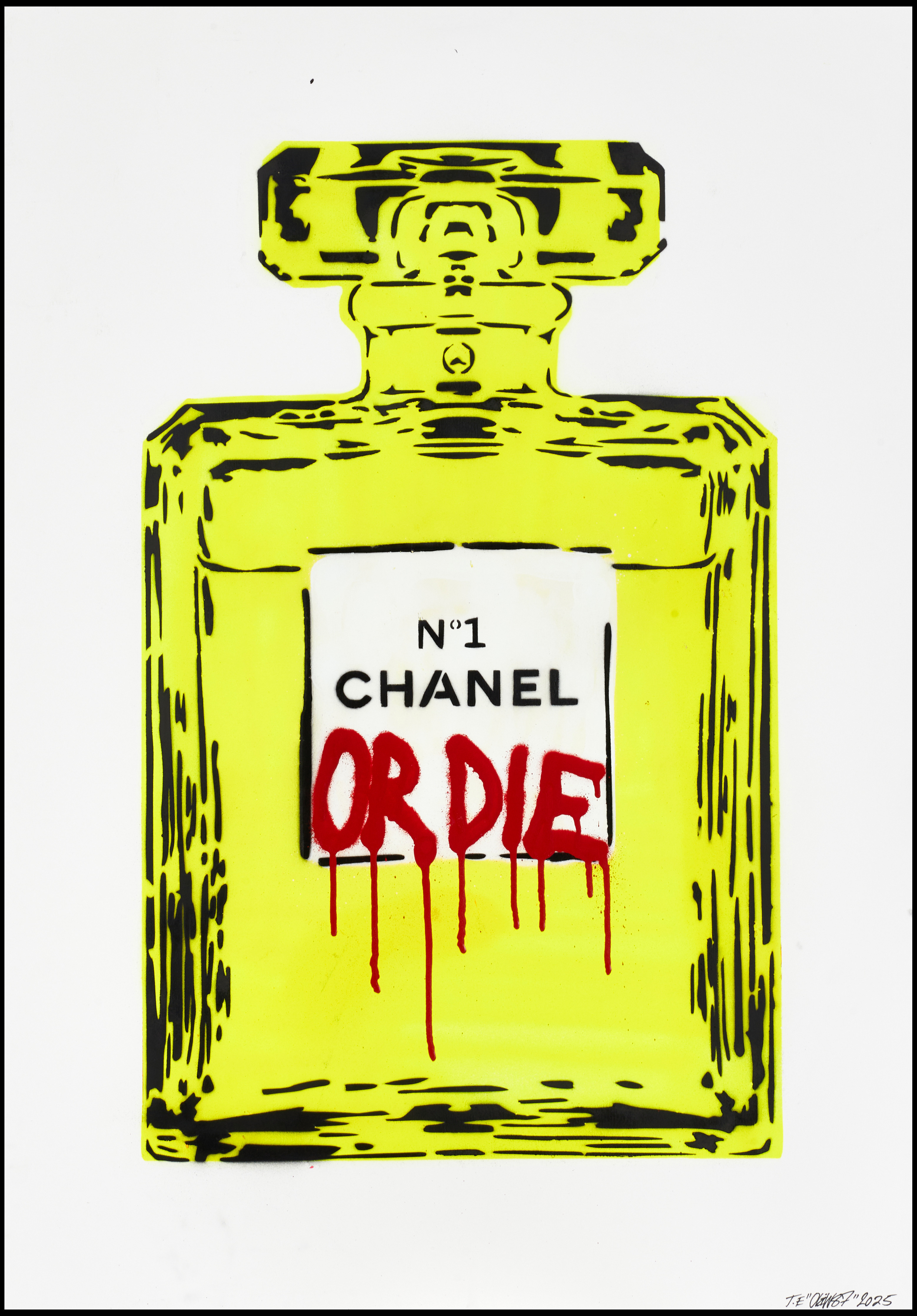 OLIW87 (Tobias Ekman, Sverige, född 1987), CHANEL OR DIE (neongul), original, signerad och daterad T.E Oliw87, 2025, sprayfärg på papper.