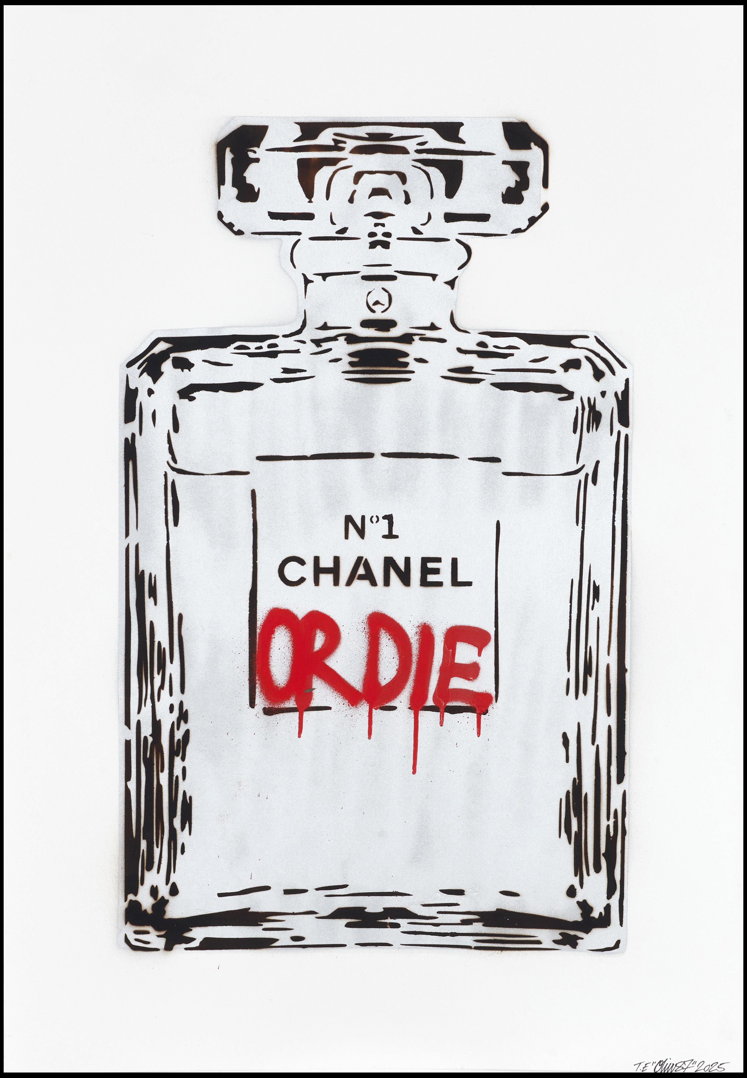 OLIW87 (Tobias Ekman, Sverige, född 1987), CHANEL OR DIE (silvermetallic), original, signerad och daterad T.E Oliw87, 2025, sprayfärg på papper.