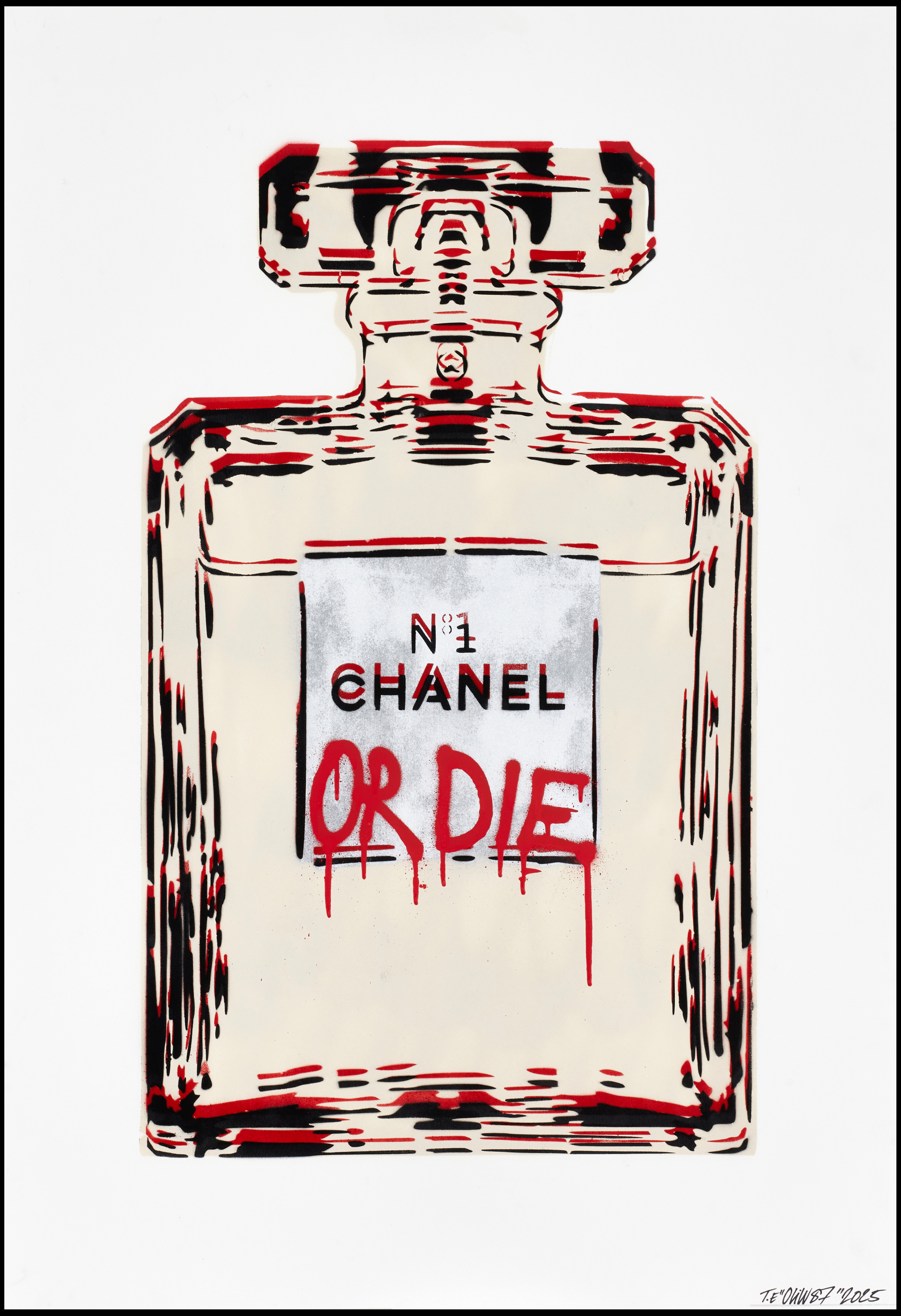 OLIW87 (Tobias Ekman, Sverige, född 1987), CHANEL OR DIE (beige/silver), original, signerad och daterad T.E Oliw87, 2025, sprayfärg på papper.