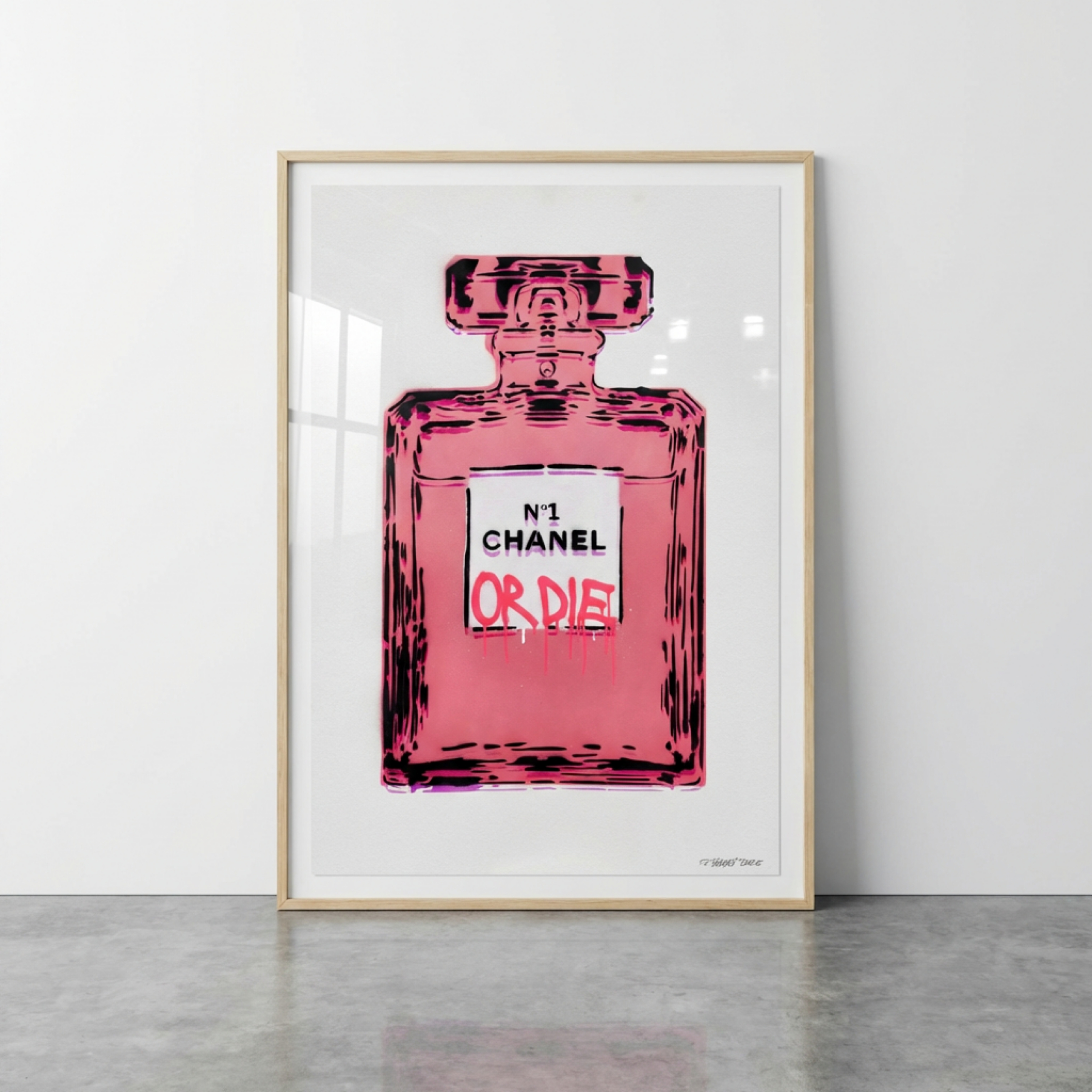 OLIW87 (Tobias Ekman, Sverige, född 1987), CHANEL OR DIE (rosa/vitt), original, signerad och daterad T.E Oliw87, 2025, sprayfärg på papper.