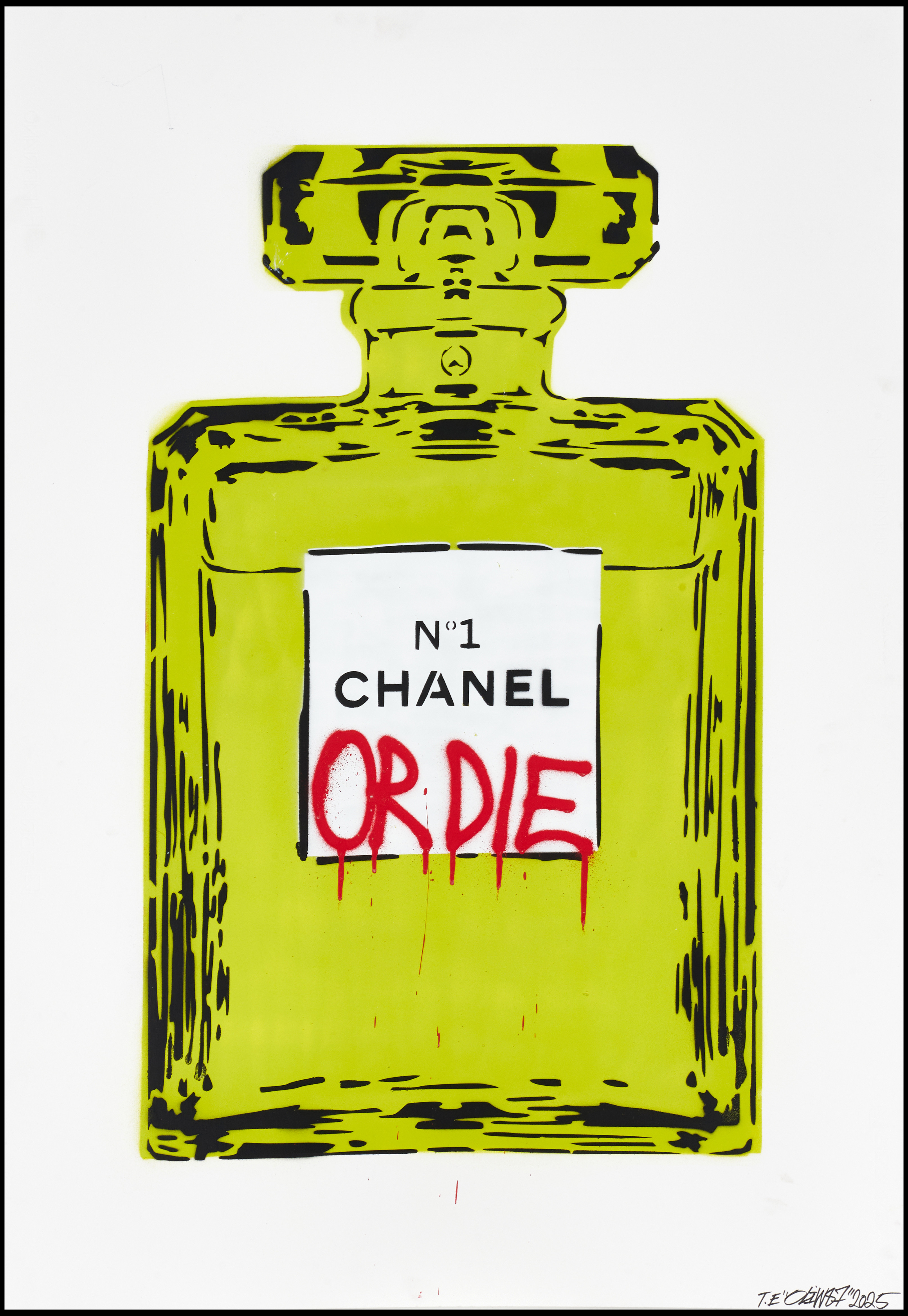 OLIW87 (Tobias Ekman, Sverige, född 1987), CHANEL OR DIE (neongrön), original, signerad och daterad T.E Oliw87, 2025, sprayfärg på papper.