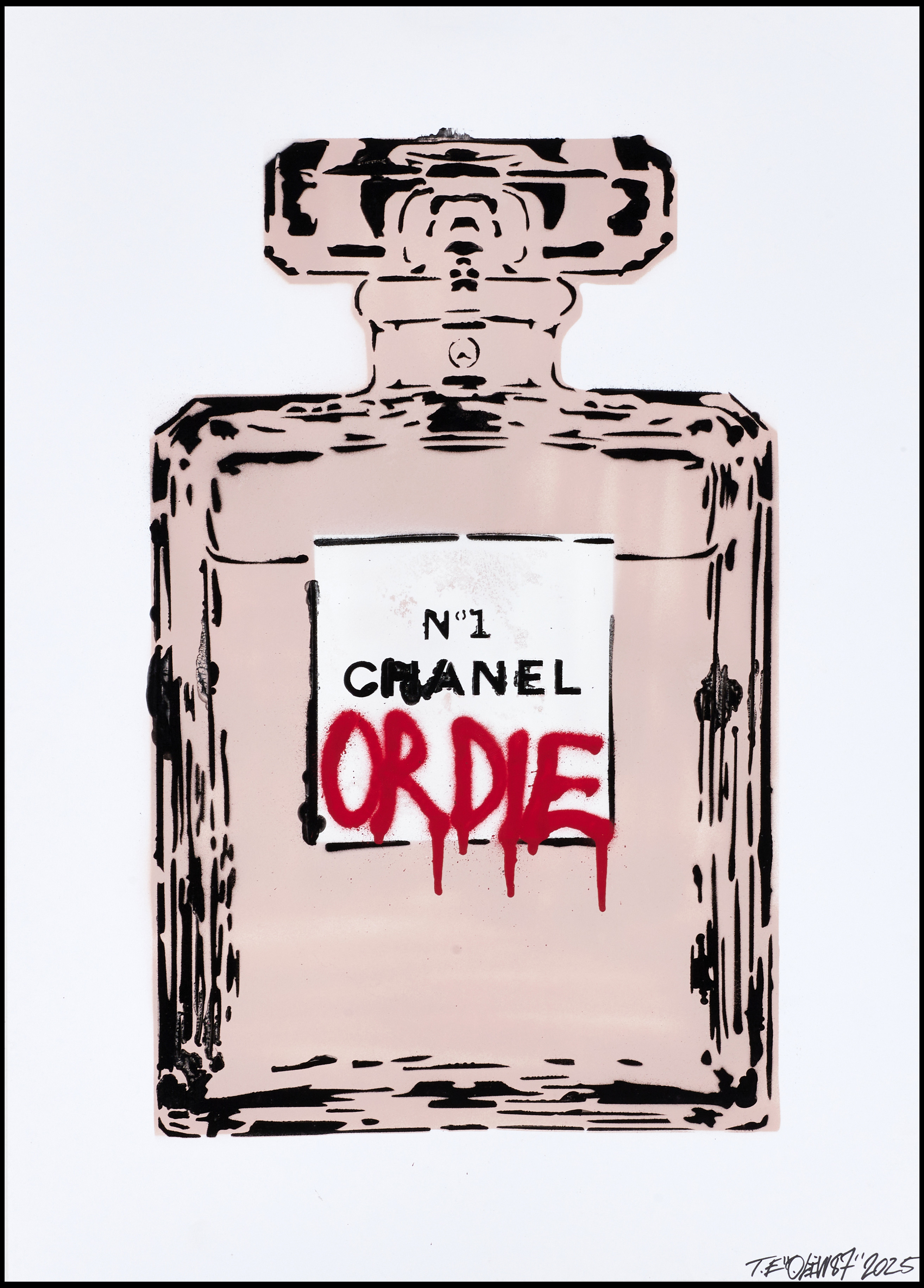 OLIW87 (Tobias Ekman, Sverige, född 1987), CHANEL OR DIE (ljusrosa), original, signerad och daterad T.E Oliw87, 2025, sprayfärg på papper.
