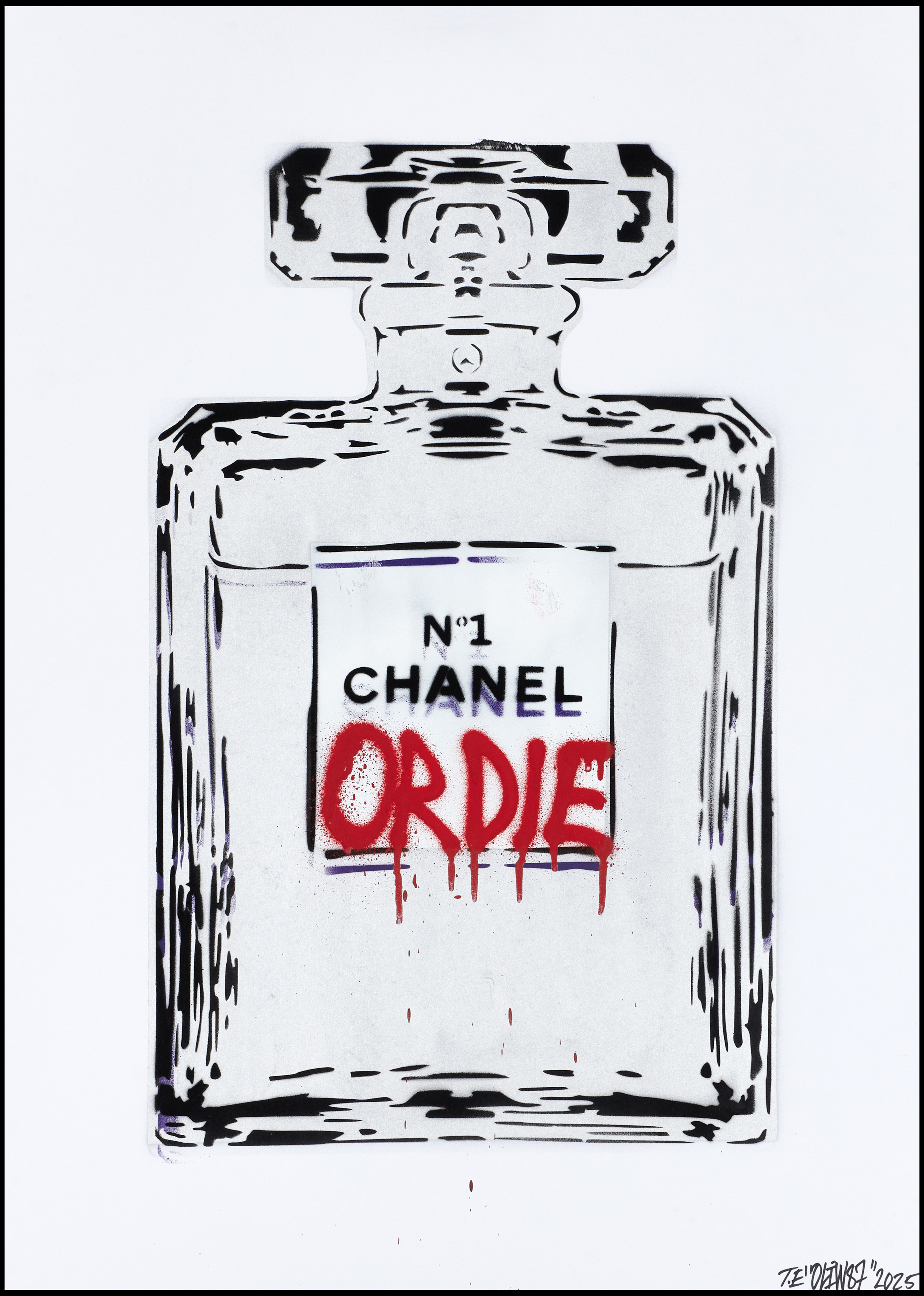OLIW87 (Tobias Ekman, Sverige, född 1987), CHANEL OR DIE (silver), original, signerad och daterad T.E Oliw87, 2025, sprayfärg på papper.