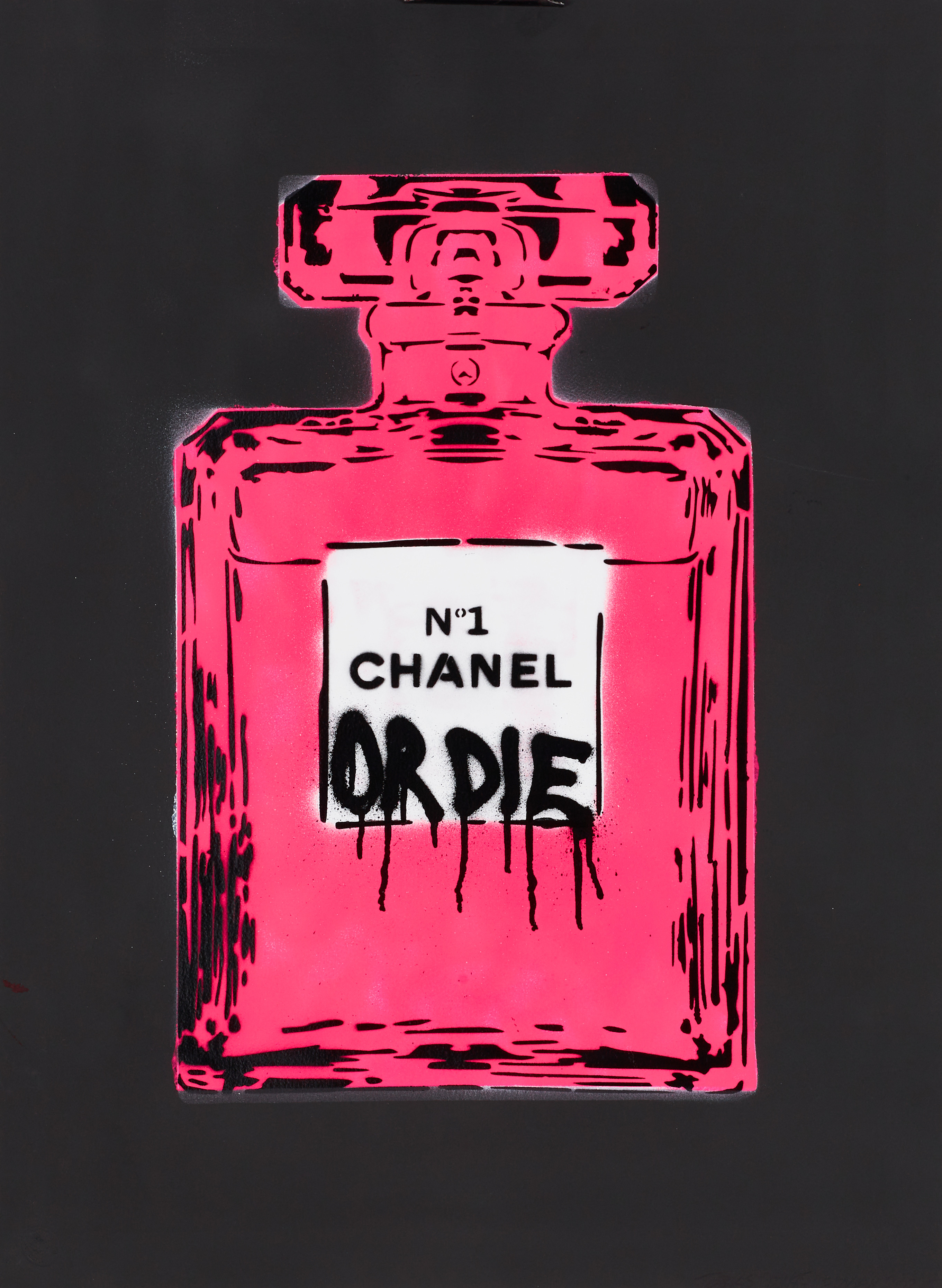 OLIW87 (Tobias Ekman, Sverige, född 1987), CHANEL OR DIE (neonrosa mot färgat papper), original, signerad och daterad T.E Oliw87, 2025, sprayfärg på papper.