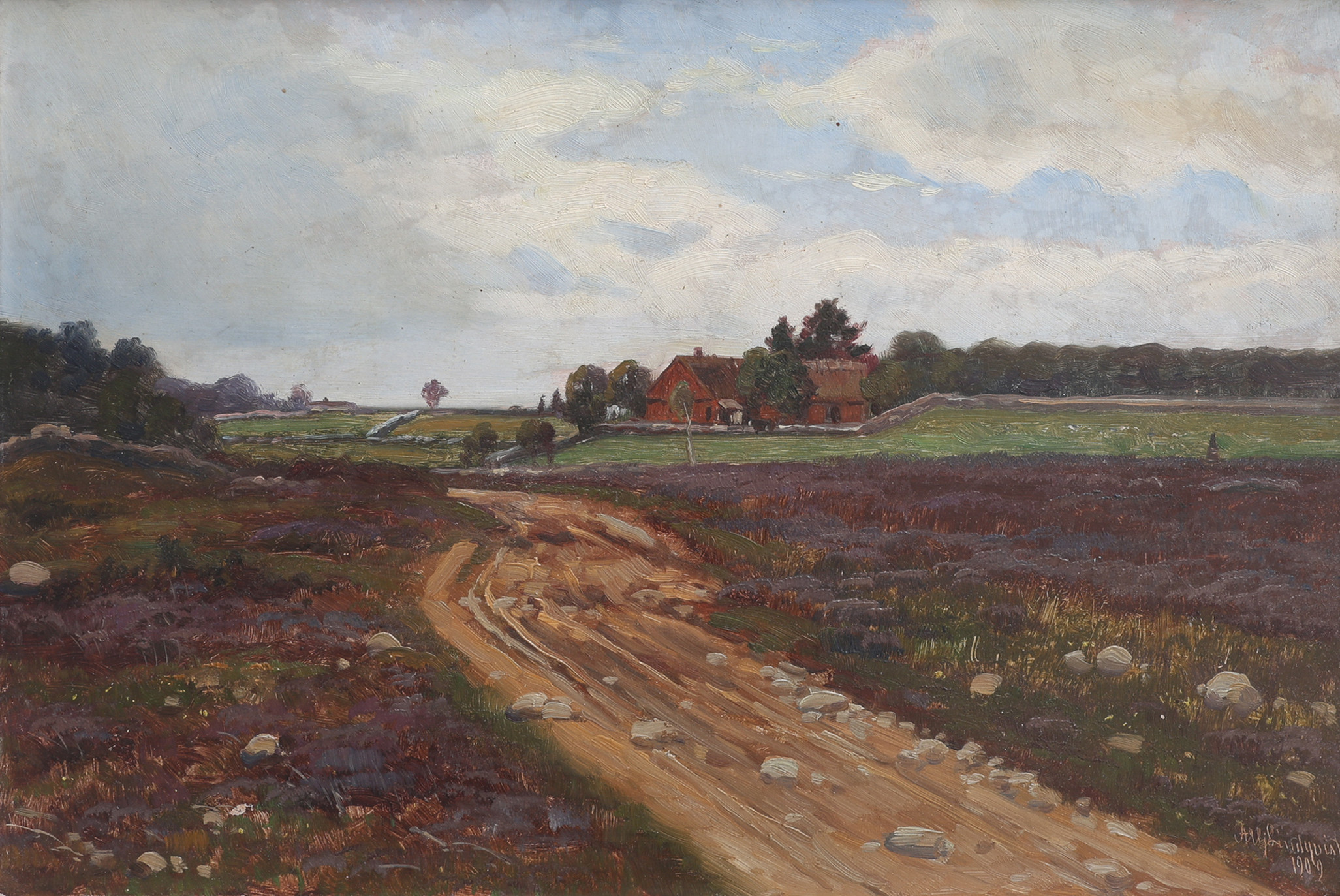 AXEL HJALMAR  LINDQVIST. OLJA PÅ PANNÅ, MOTIV FRÅN ONSLUNDA, SIGNERAD OCH DATERAD 1909.