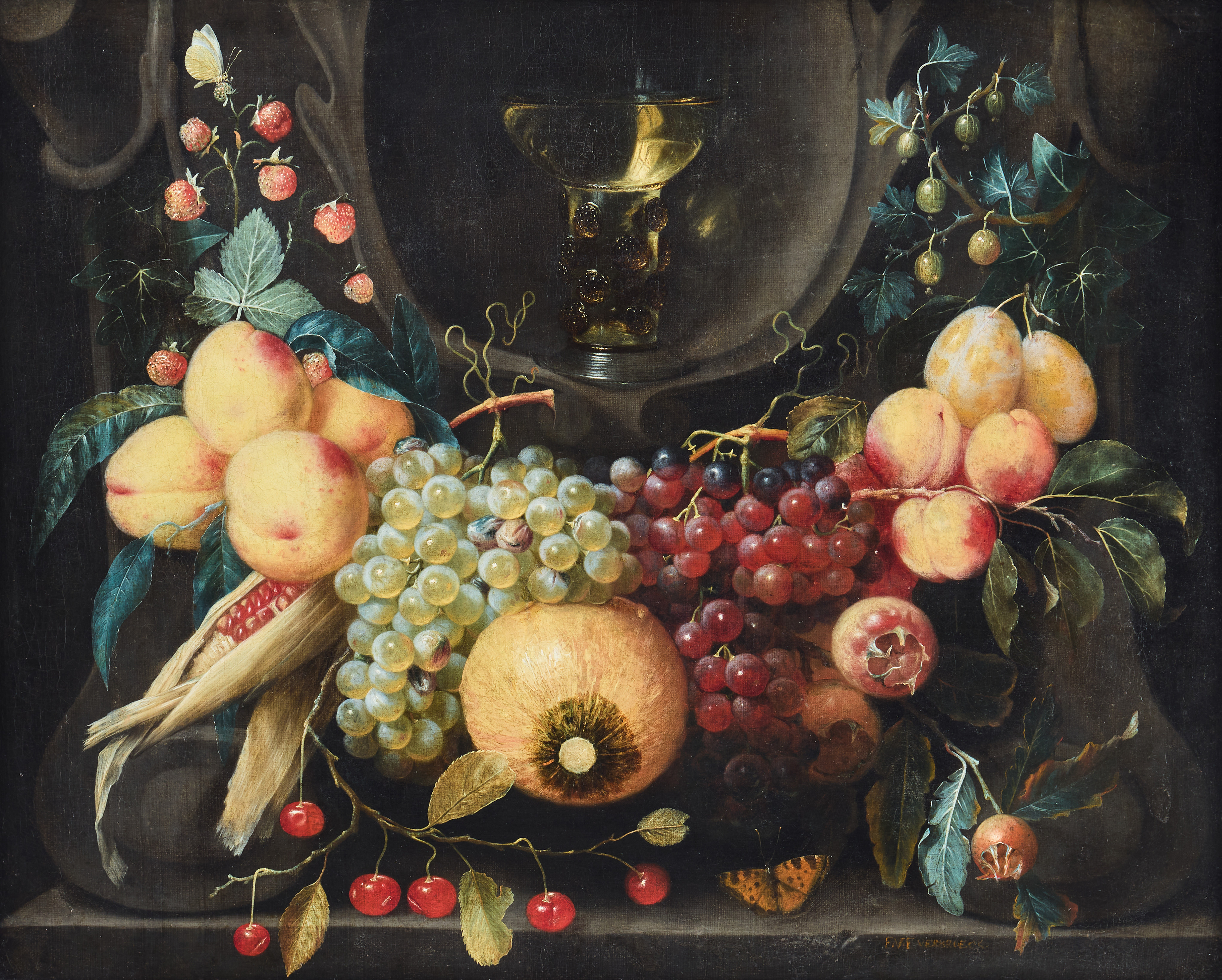FRANS VAN EVERBROECK (ANTWERP CA. 1638-1676/1693). A rummer in a niche, surrounded by a fruit garland - lower part of a cartouche.