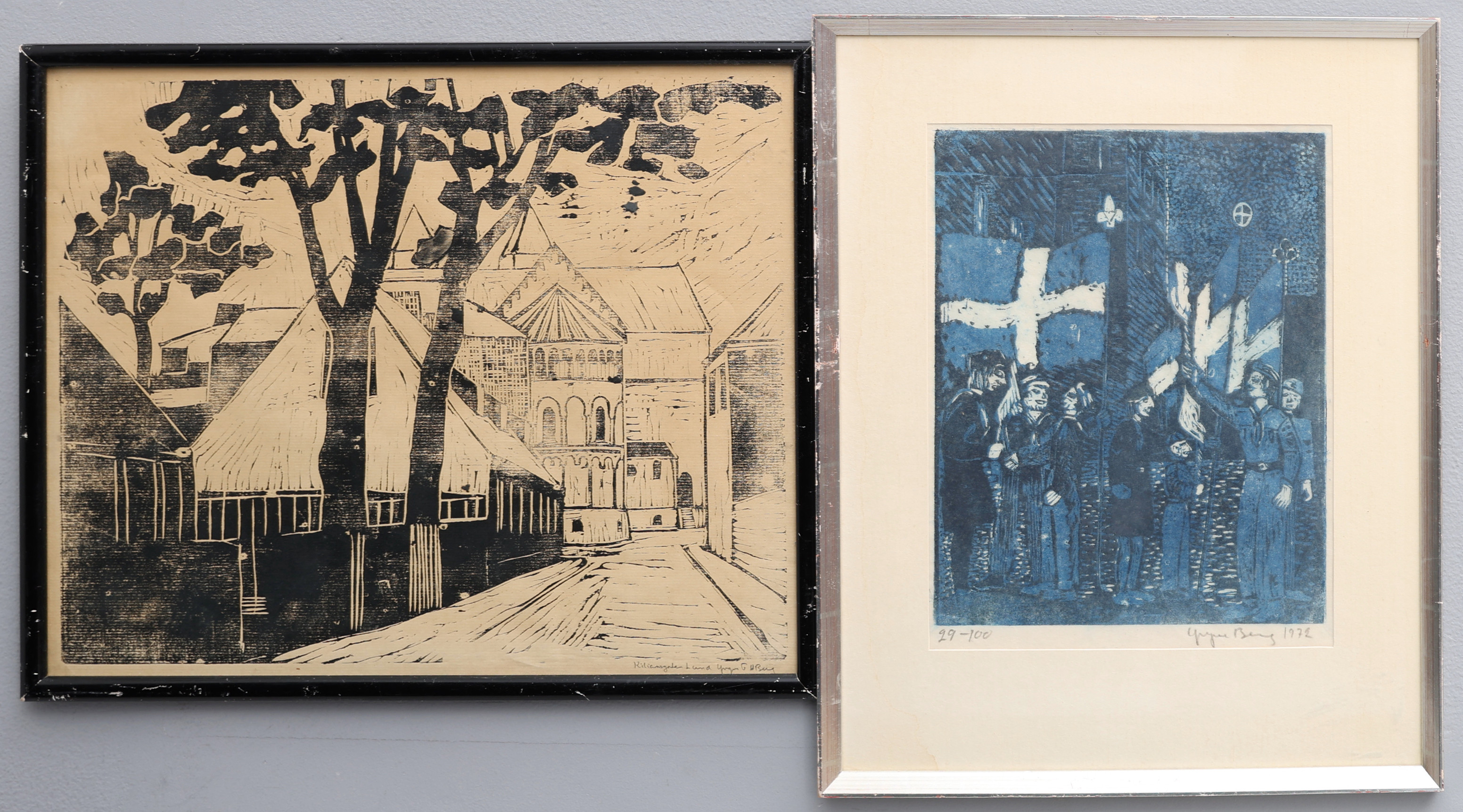 YNGVE BERG 1918-2002. TVÅ LINOLEUMSNITT, DOMKYRKAN FRÅN KILIANSGATAN SAMT STUDENTMOTIV, SIGNERADE.