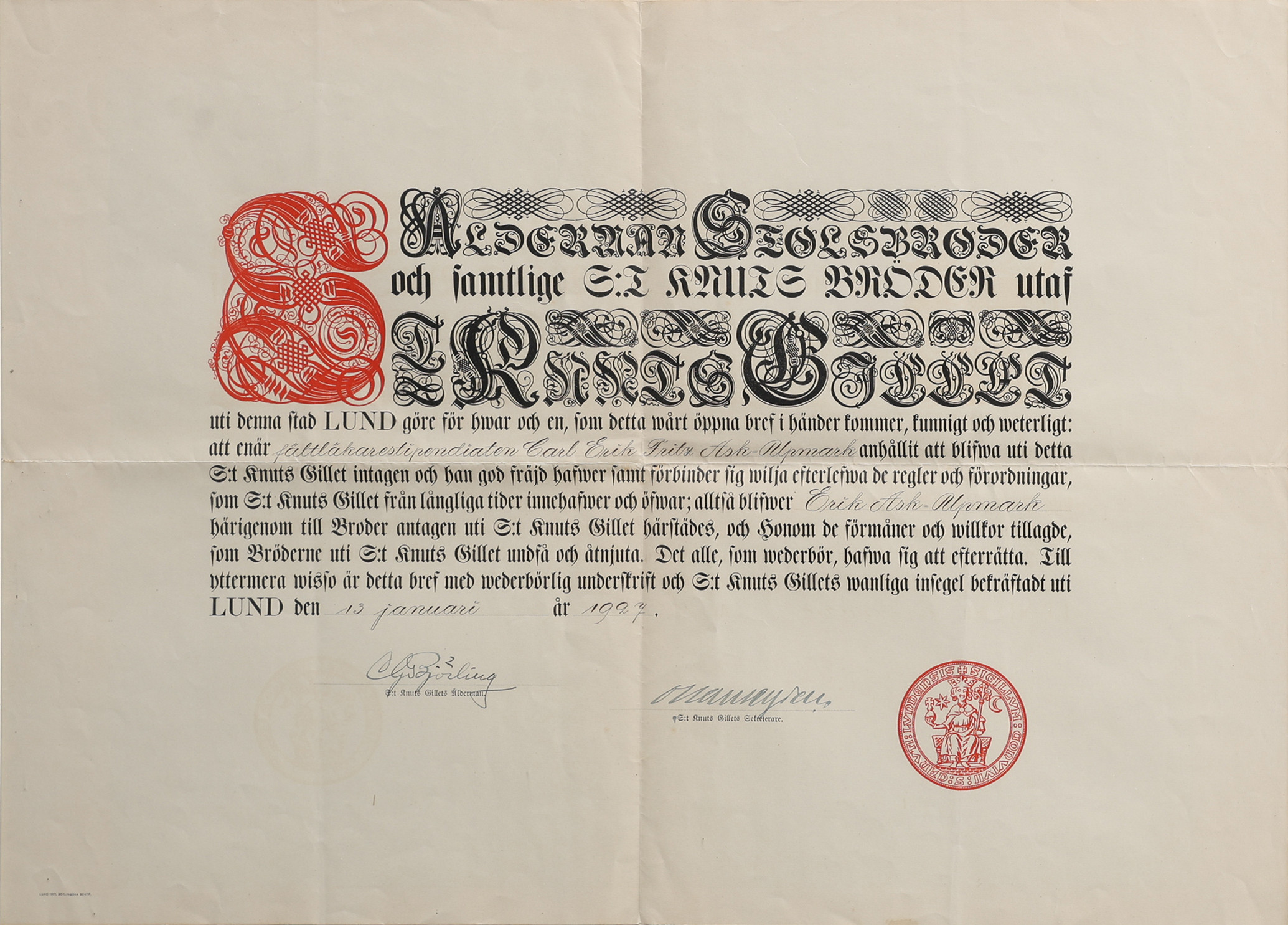 INTRÄDESDIPLOM I KNUTSGILLET FÖR ERIK ASK-UPMARK 1927.