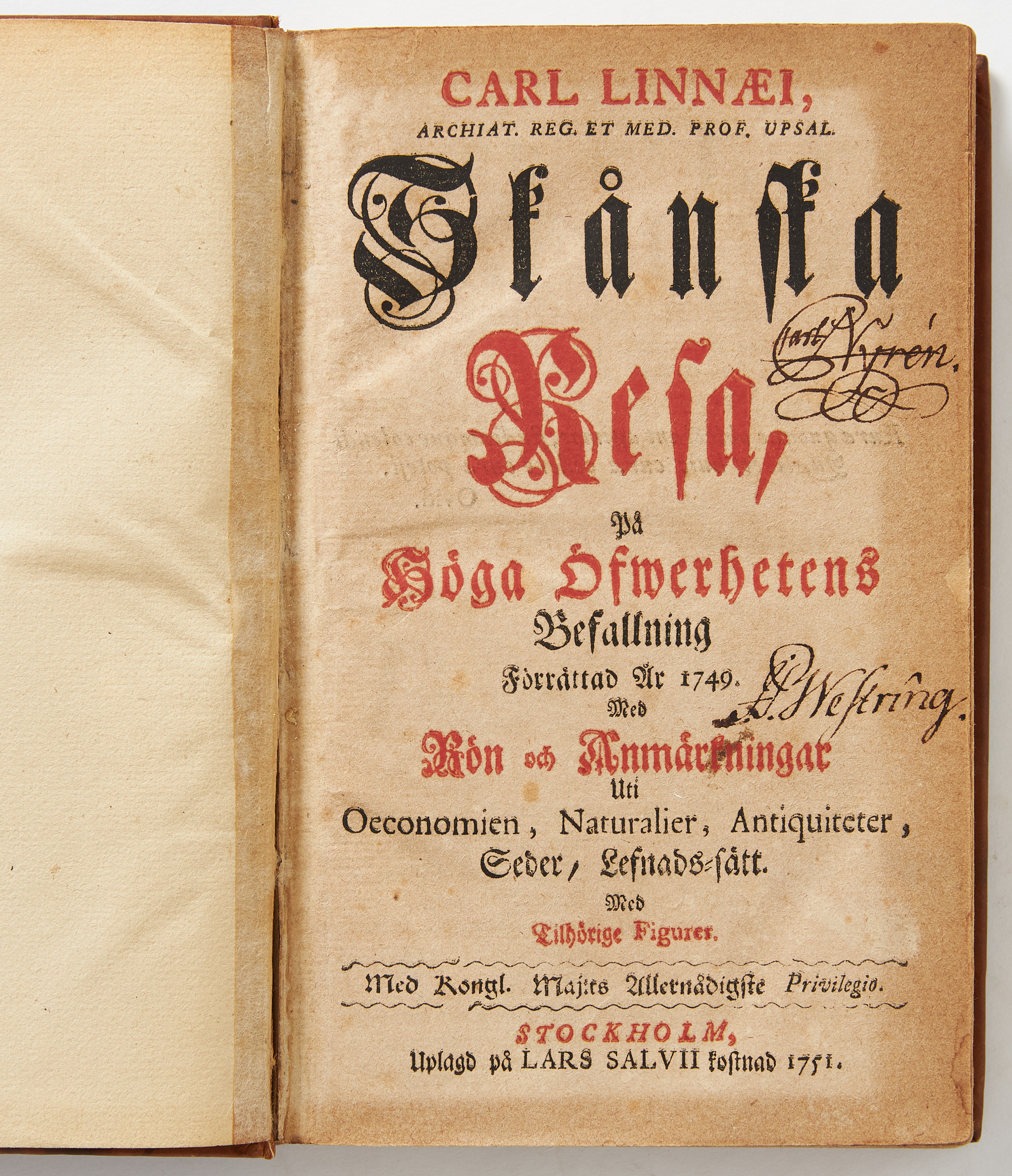 WESTRINGS EXEMPLAR AV LINNÉS SKÅNSKA RESA 1749, orginalupplagan tryckt 1751.