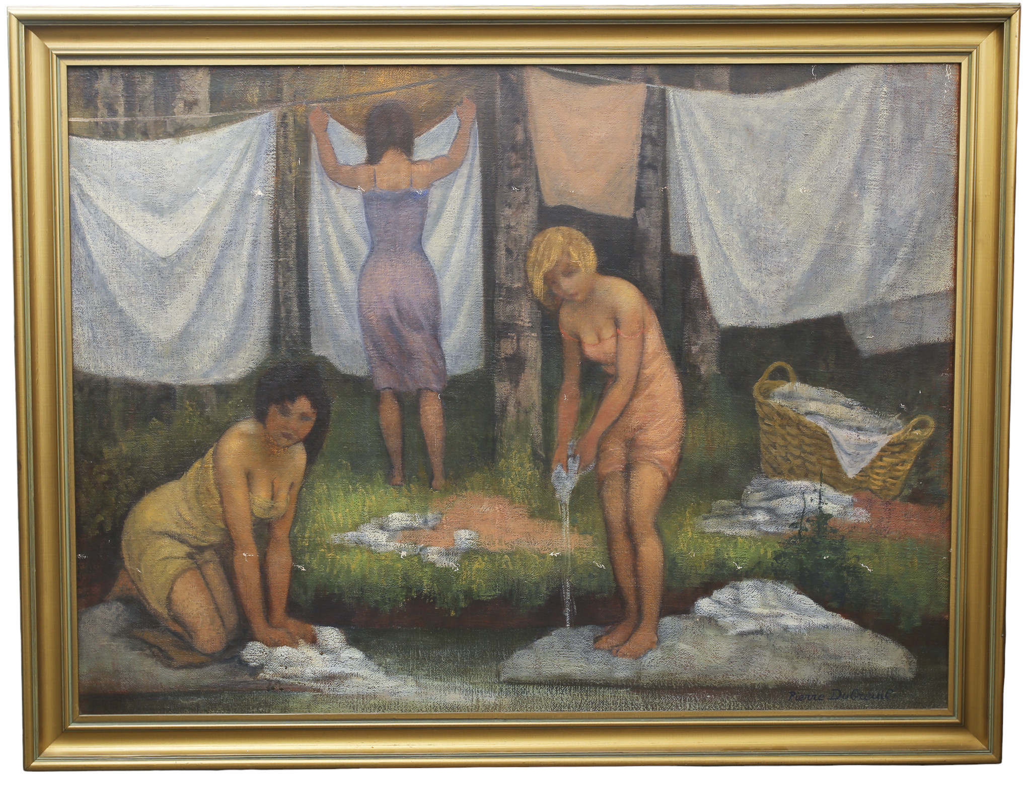 PIERRE DUBREUIL. Olja på duk, "Les Lavavandieres", signerad.