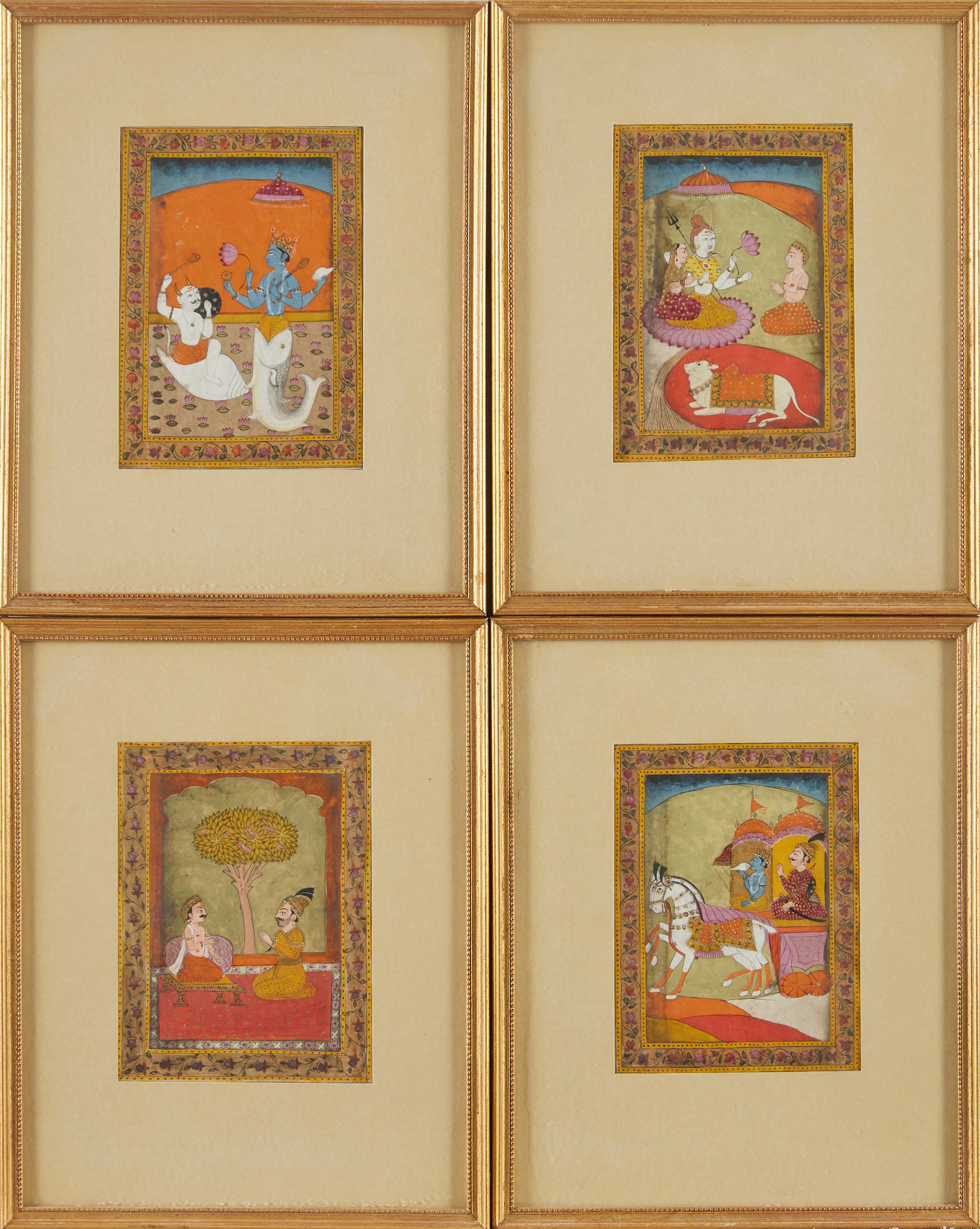 Fyra gouacher/akvareller, Indien 18/1900-tal. Ca 12x9 cm vardera.
