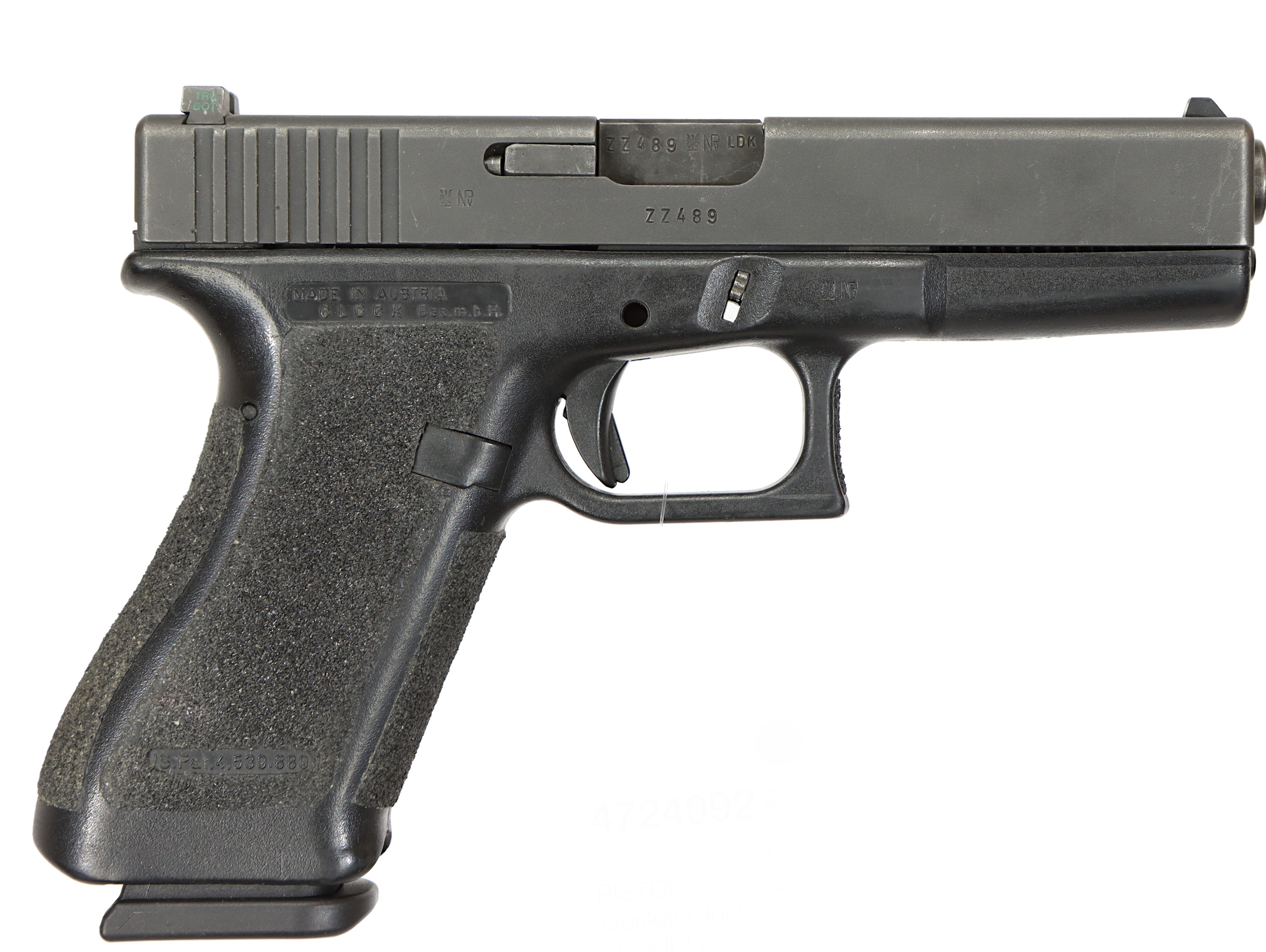 PISTOL, fabrikat Glock, modell 17, kaliber 9mm (9x19), tillv.nr ZZ489, se-nr SE0216860.