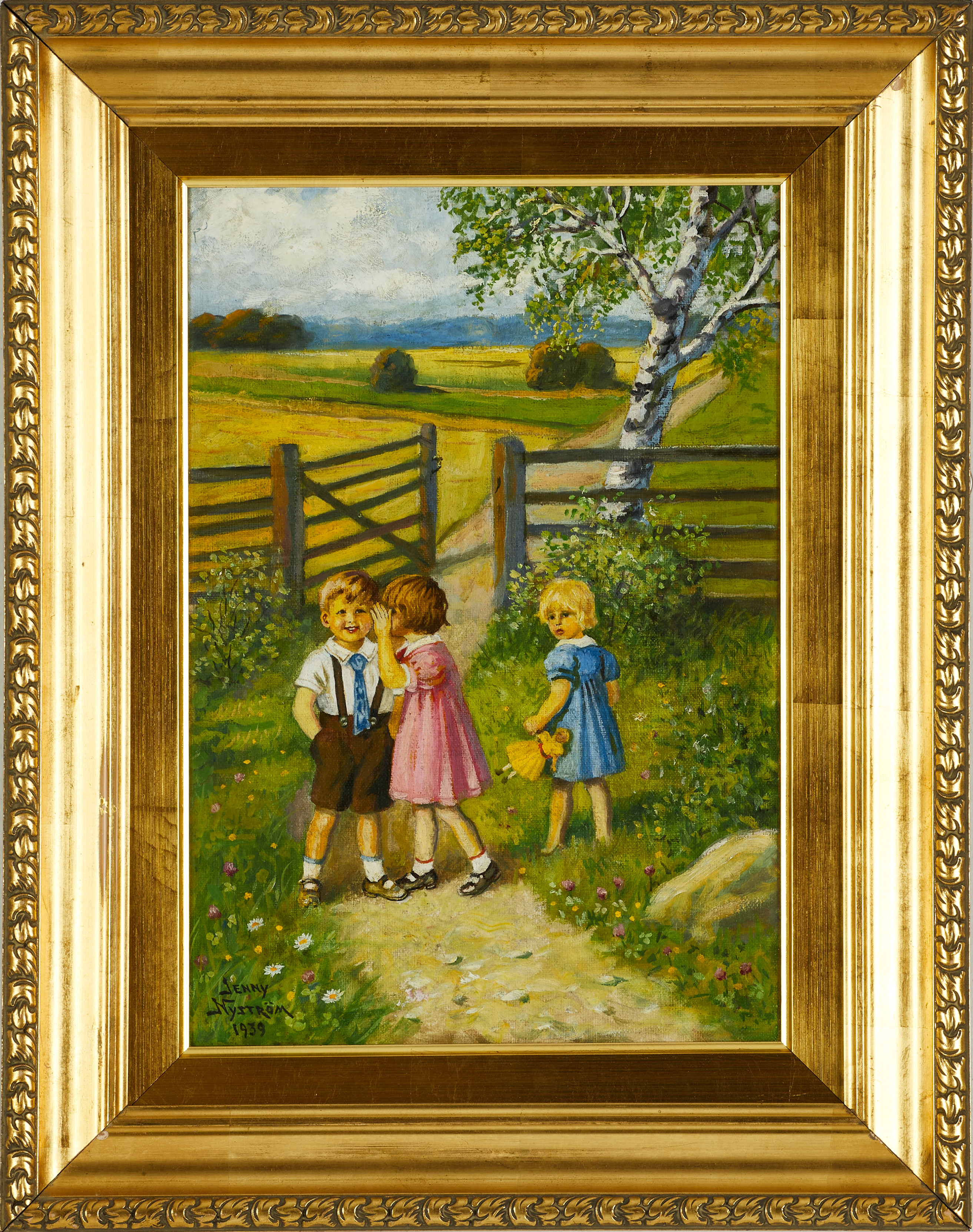 JENNY NYSTRÖM (Sverige, 1854-1946): Sommaridyll med lekande barn vid grind, signerad och daterad Jenny Nyström 1939, olja på duk.