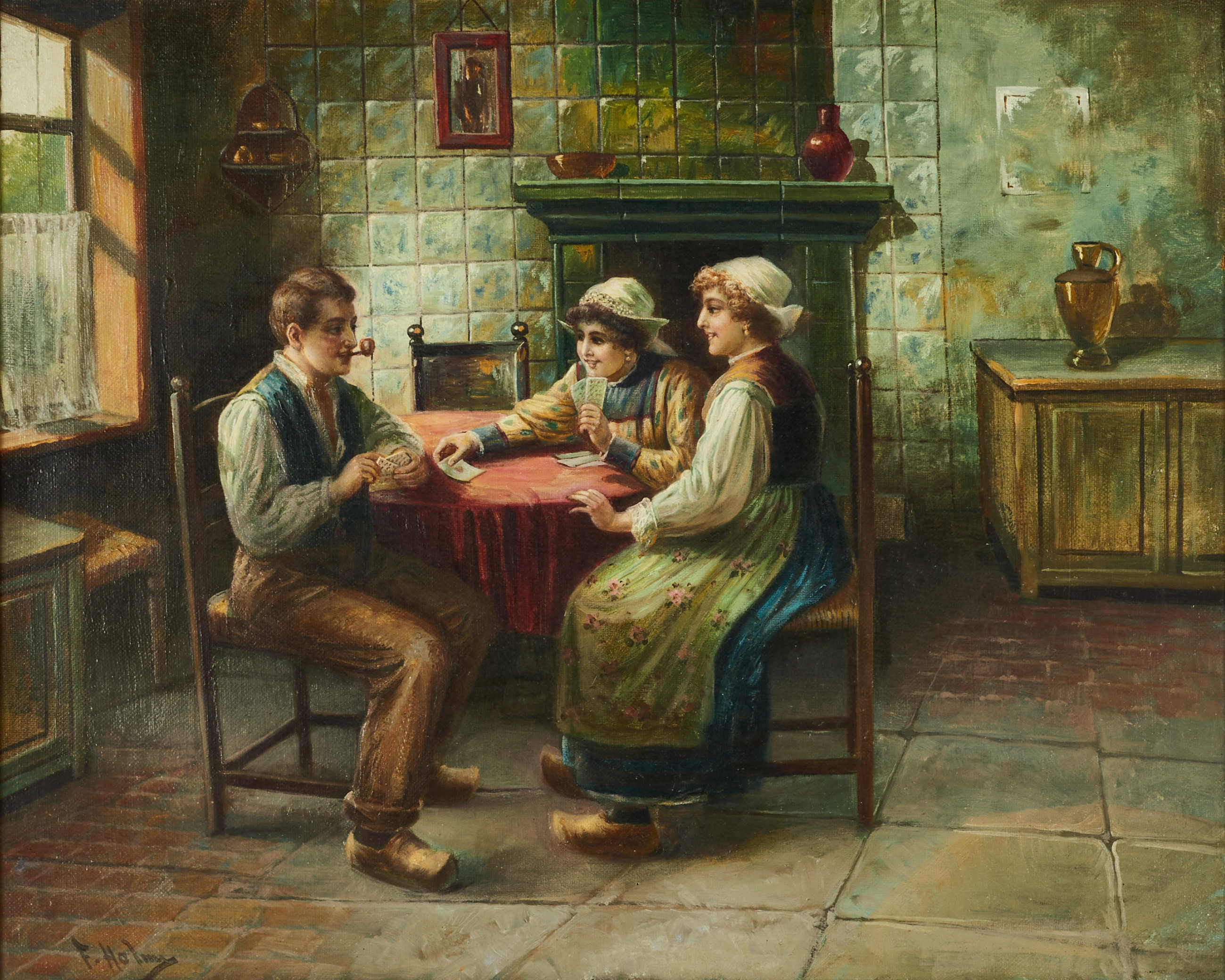 OIDENTIFIERAD KONSTNÄR. Kortparti i holländsk interiör, möjligen signerad F. Holms, olja på duk, omkring 1890-tal.