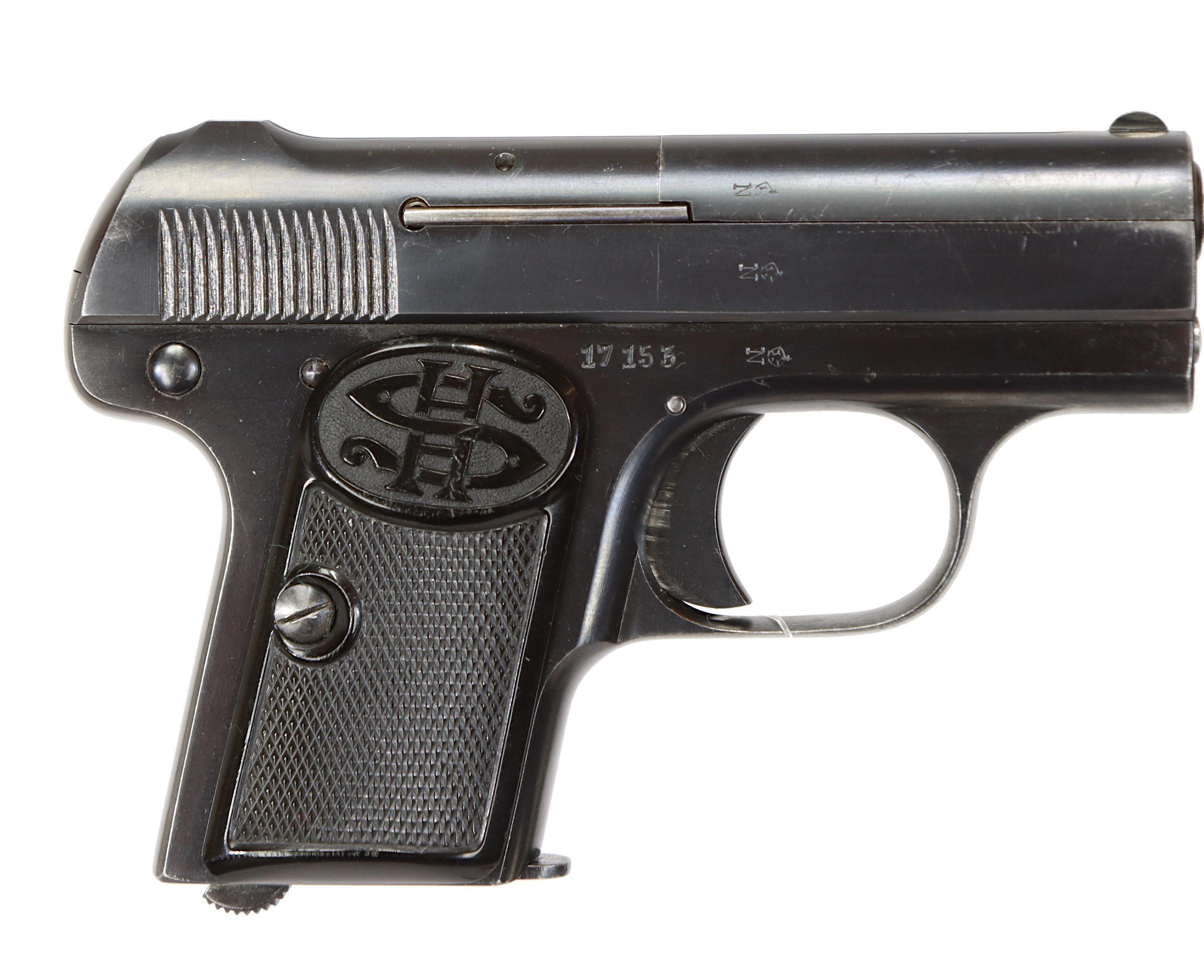 PISTOL, fabrikat C.G.Haenel, modell Schmeisser´s Patent, kaliber 6,35mm, tillv.nr 17153, se-nr SE1682904.