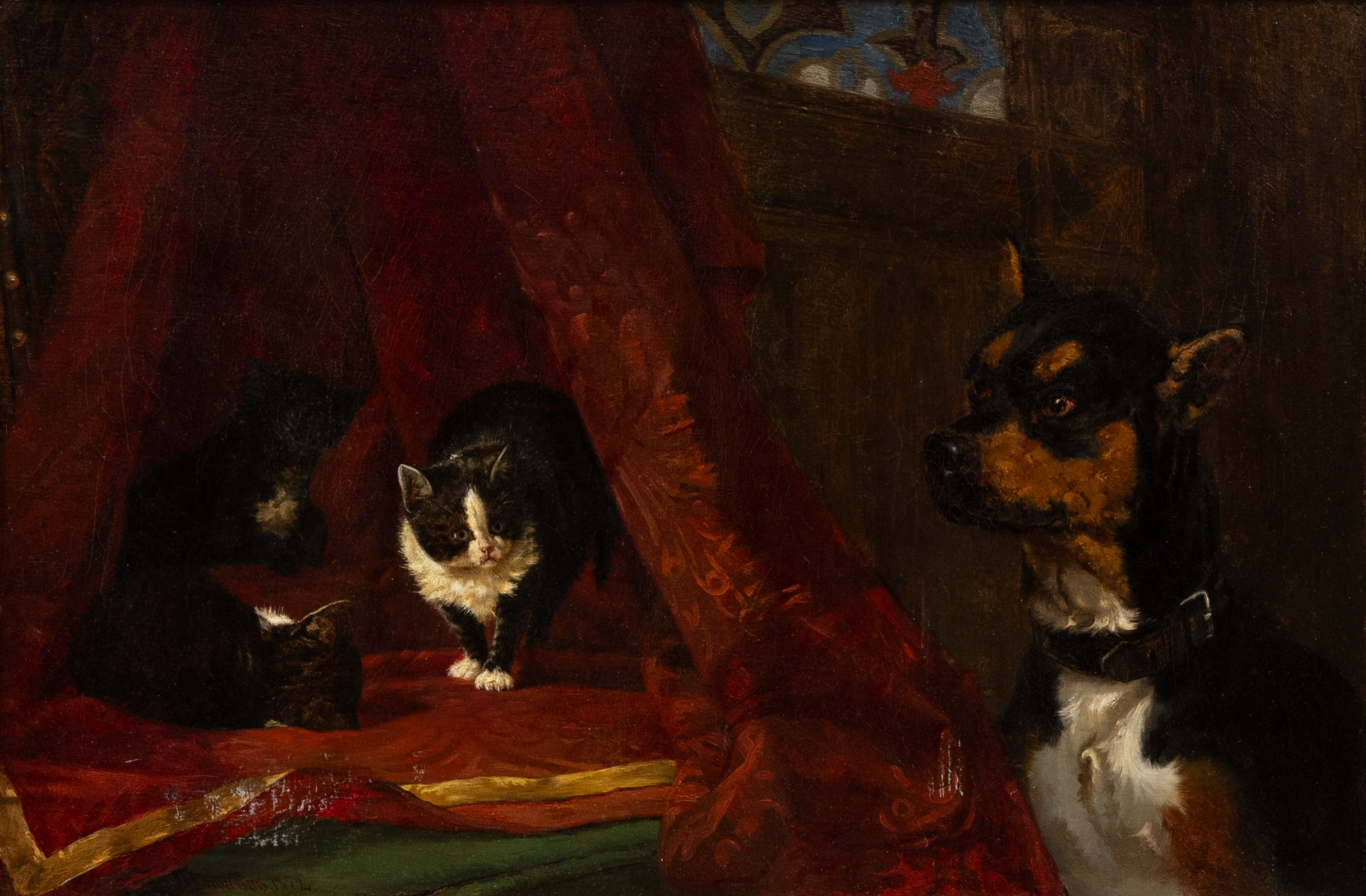 GUSTAF BRANDELIUS (1833-1884). Hund med tre katter, olja på duk, signerad och daterad 1872.