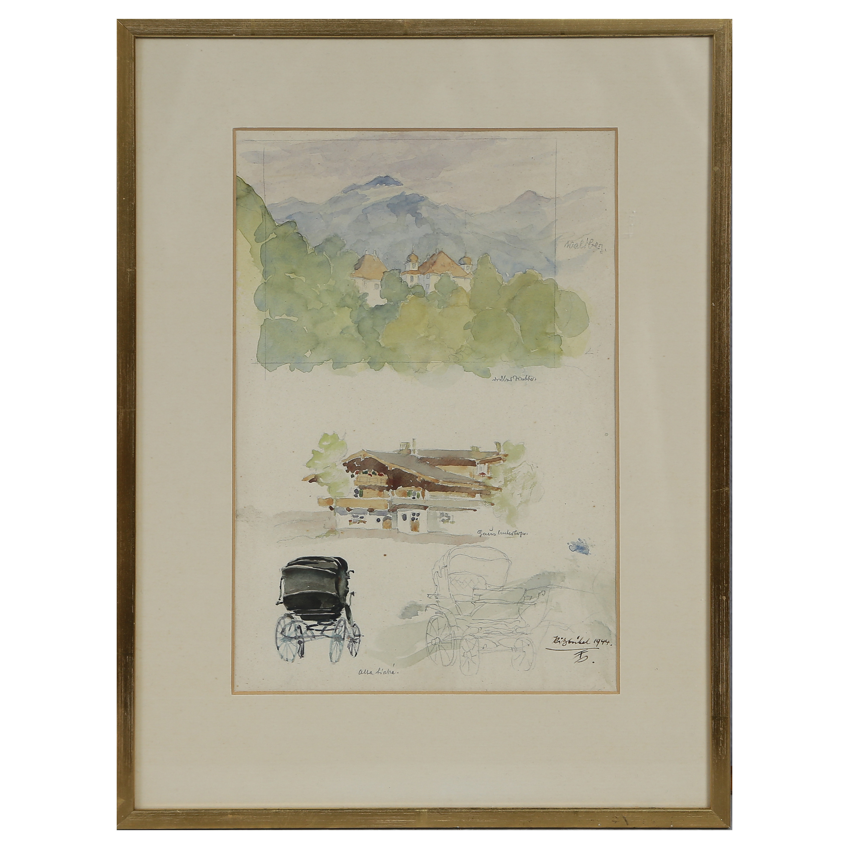 OIDENTIFIERAD KONSTNÄR "KITZBÜHEL 1944" AKVARELL/TECKNING, SIGNERAD.