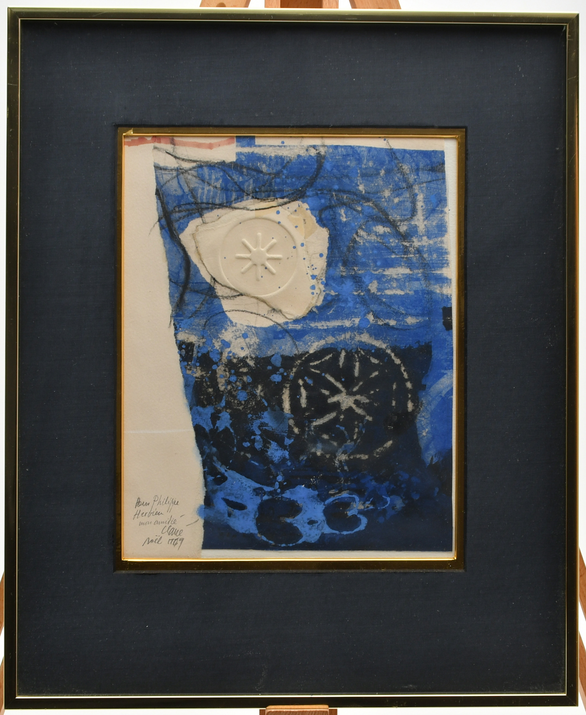 ANTONI CLAVÉ. Abstrakt monotyp med collage, signerad. Technique mixte sur toile. Orginal. 1969.