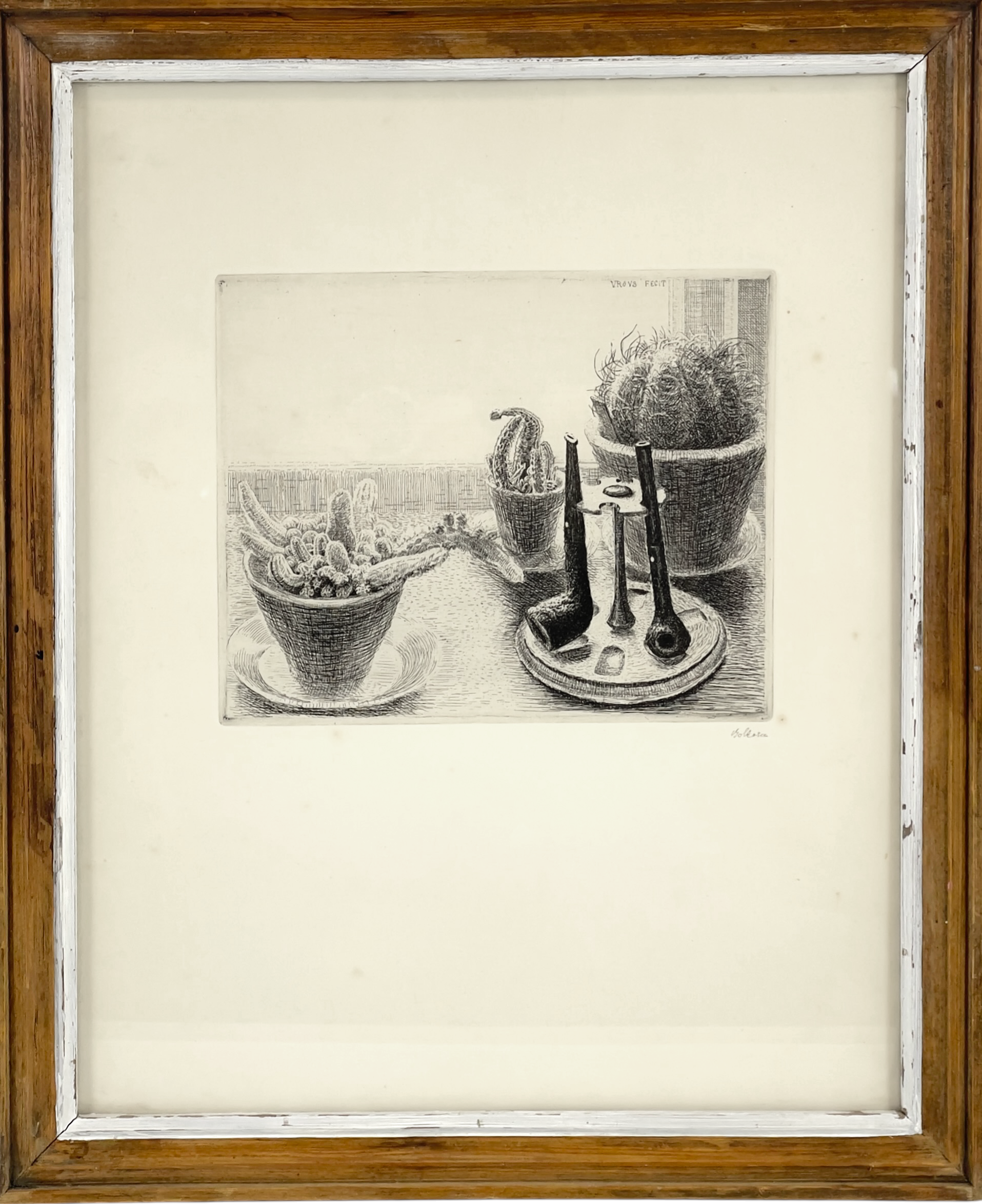 OIDENTIFIERAD KONSTNÄR, etsning, stilleben med kaktusar och pipställ, signerad.