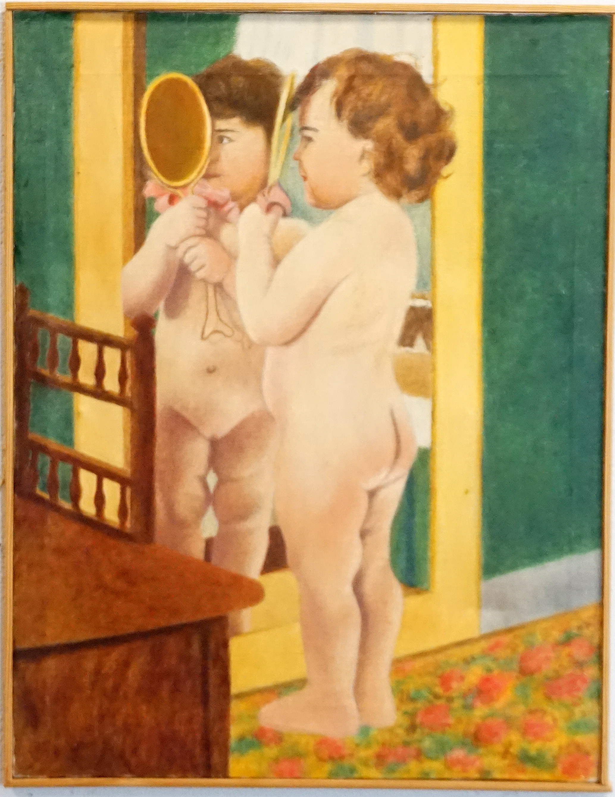 KARL "XYLOGRAFEN" ANDERSSSON (1853 -1942), olja på duk, lillan framför spegeln, osignerad, äkthetsstämplad a tergo.