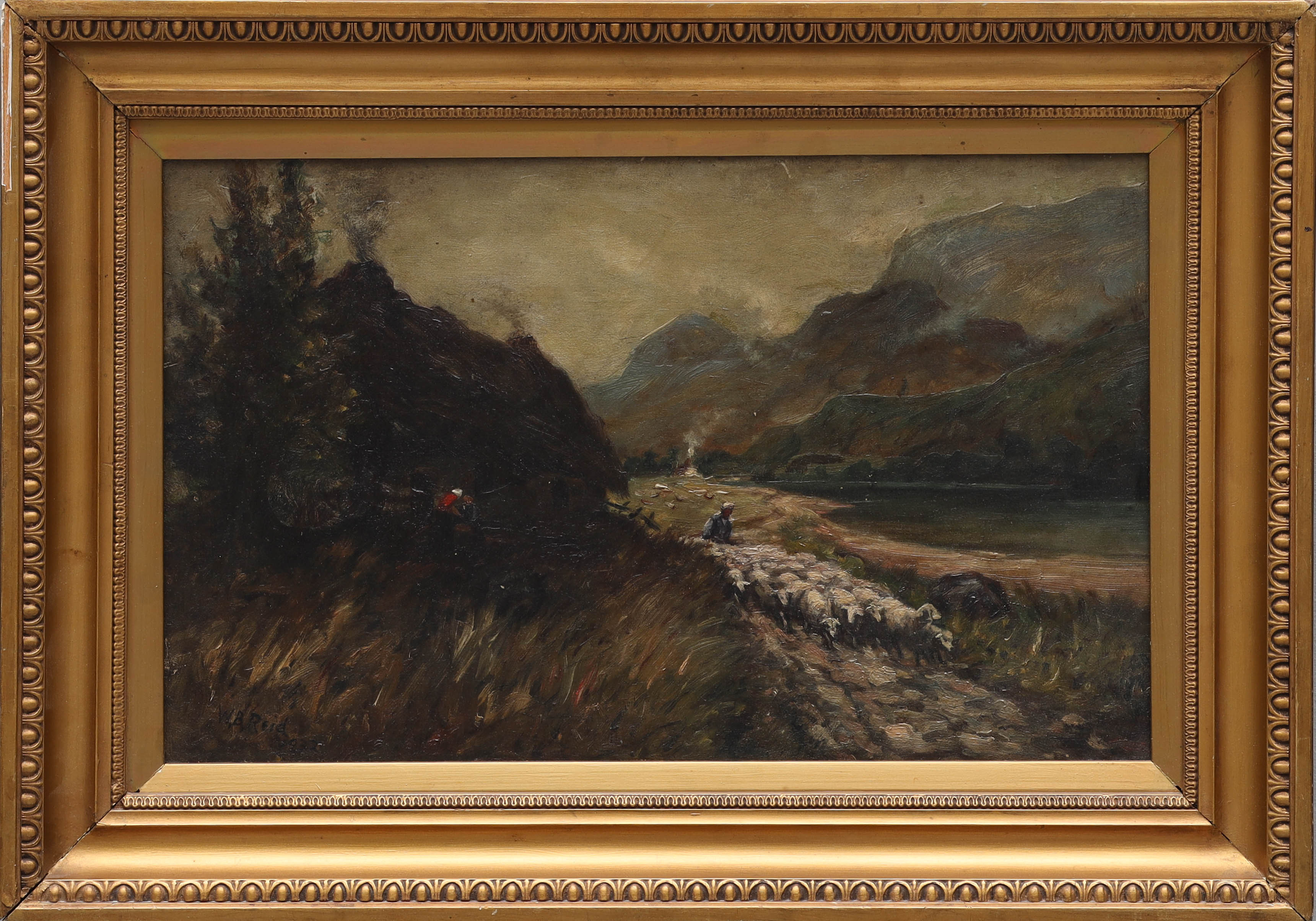 OIDENTIFIERAD KONSTNÄR. olja på duk, landskapsmotiv med vallade får, signerad W B Reid, daterad 1932.