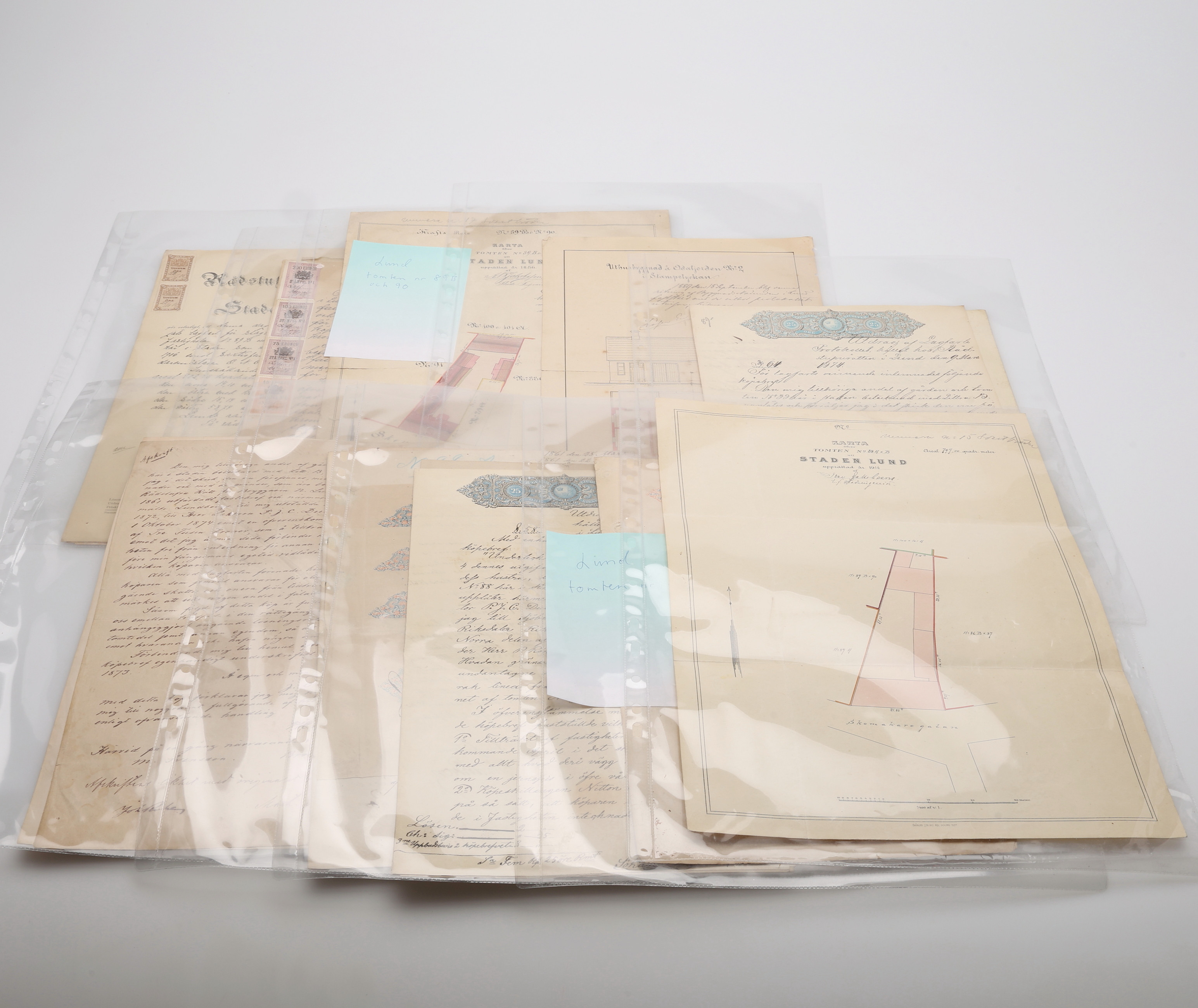 LAGFARTER, KARTOR MM FÖR TOMTER PÅ SKOMAKAREGATAN I LUND, 1848-1920.