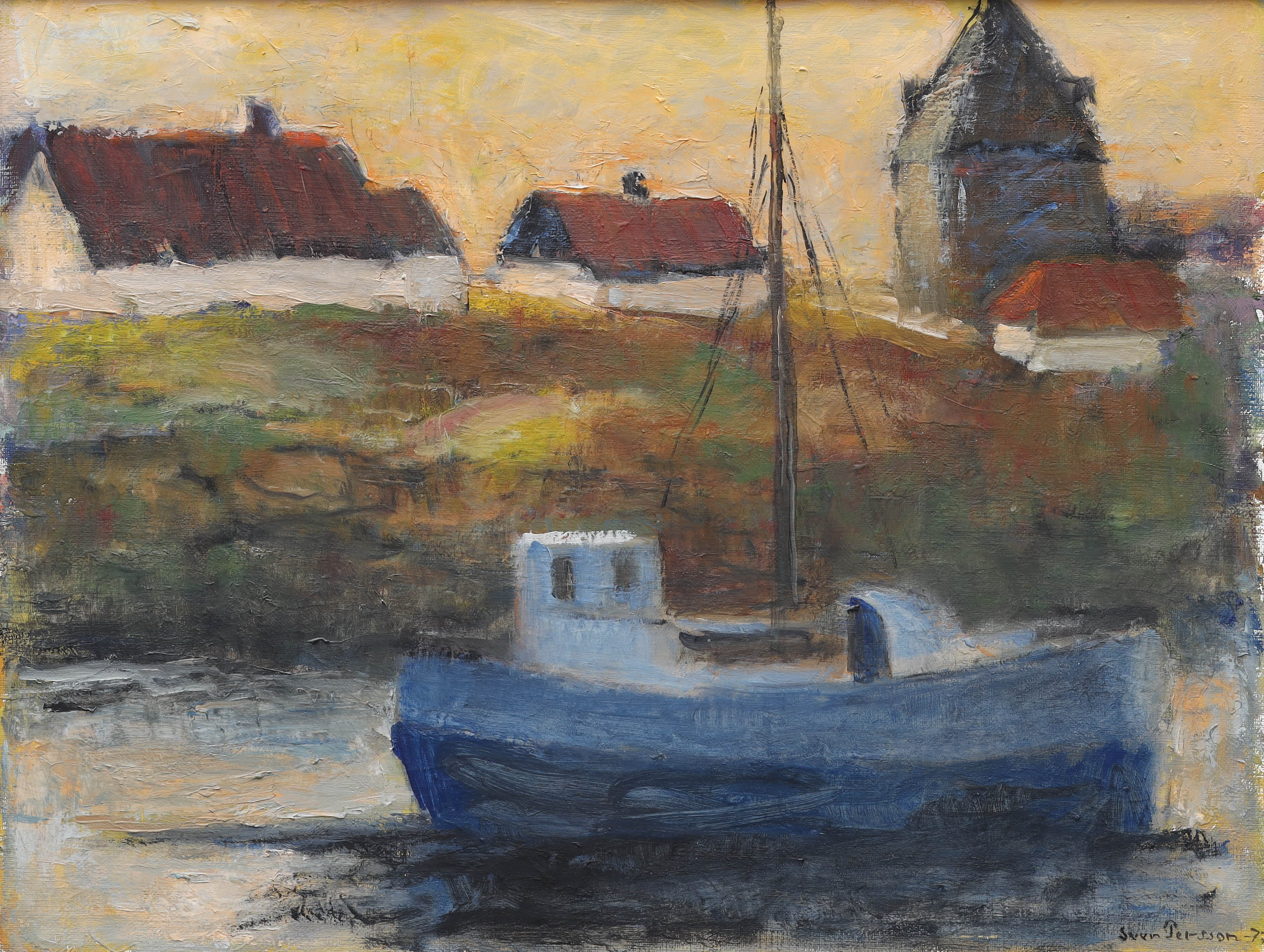 SVEN PERSSON. olja på duk, fiskebåt, signerad, daterad -77.