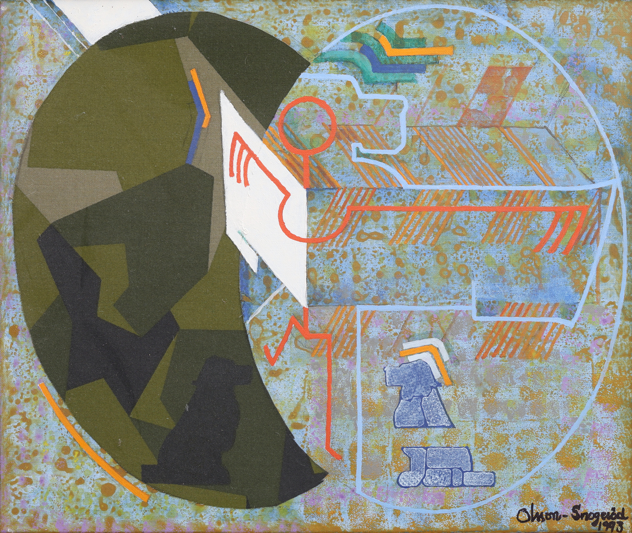 KARL-ERIK OLSSON "SNOGERÖD" 1927-1995. OLJA PÅ DUK OCH COLLAGE, "FLYGFÖRSÖK", SIGNERAD OCH DATERAD 1993.