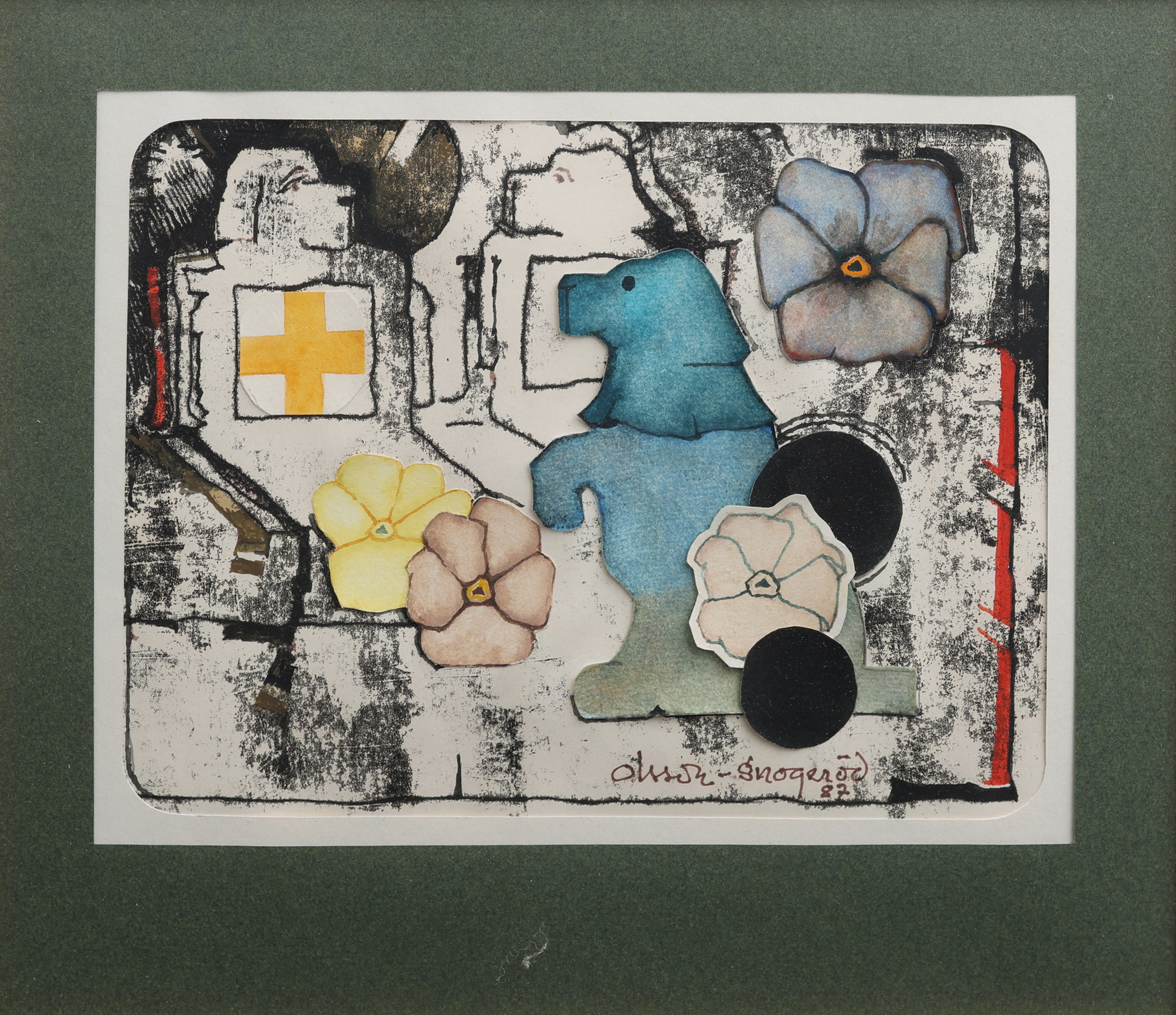 KARL-ERIK OLSSON "SNOGERÖD" 1927-1995. FÄRGLAGT COLLAGE PÅ TRYCK, "SUPER TOMORROW", SIGNERAD OCH DATERAD 1987.