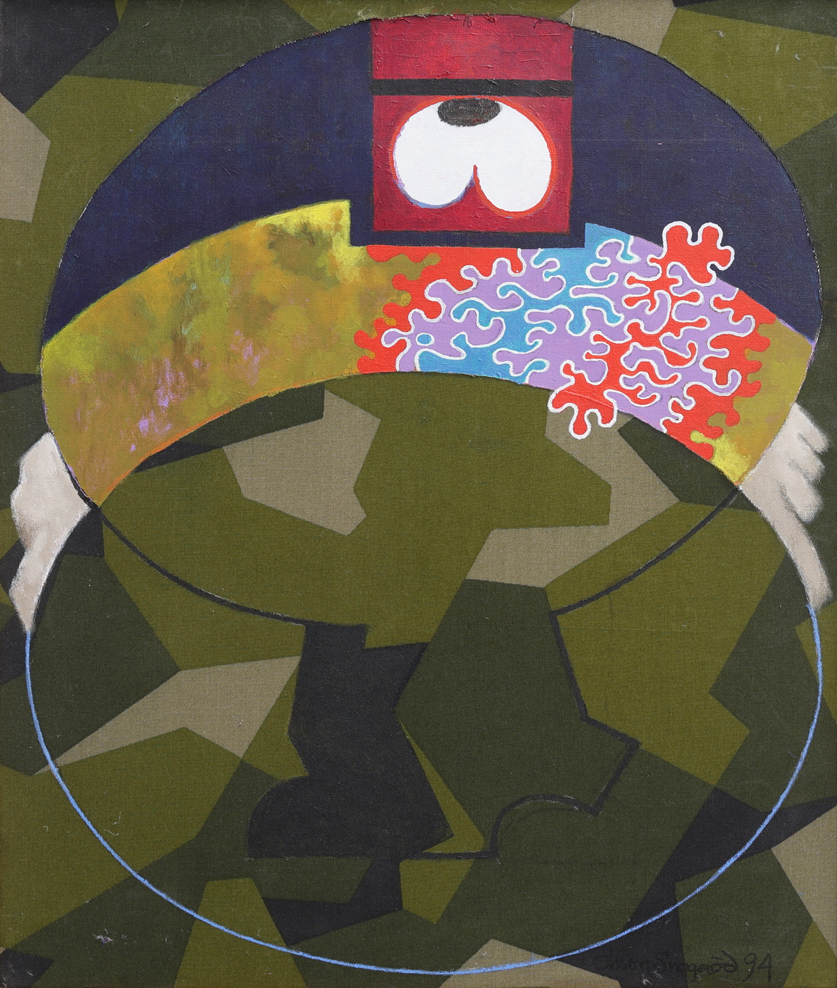 KARL-ERIK OLSSON "SNOGERÖD" 1927-1995. OLJA PÅ DUK OCH COLLAGE, "NYTT FÖRSÖK", SIGNERAD OCH DATERAD 1994.