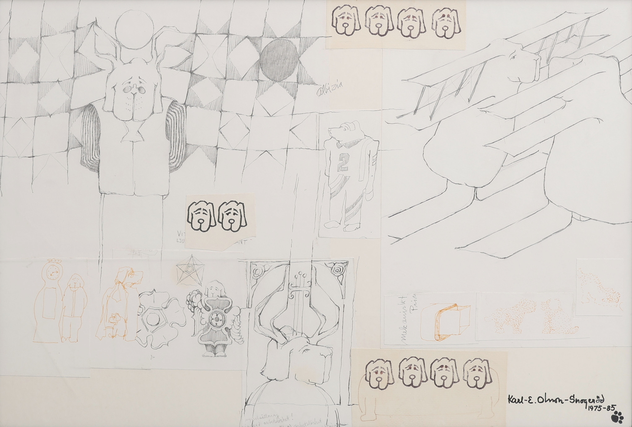 KARL-ERIK OLSSON "SNOGERÖD" 1927-1995. GRAFIT PÅ PAPPER, COLLAGE OCH TRYCK, SIGNERAD OCH DATERAD 1975-85.