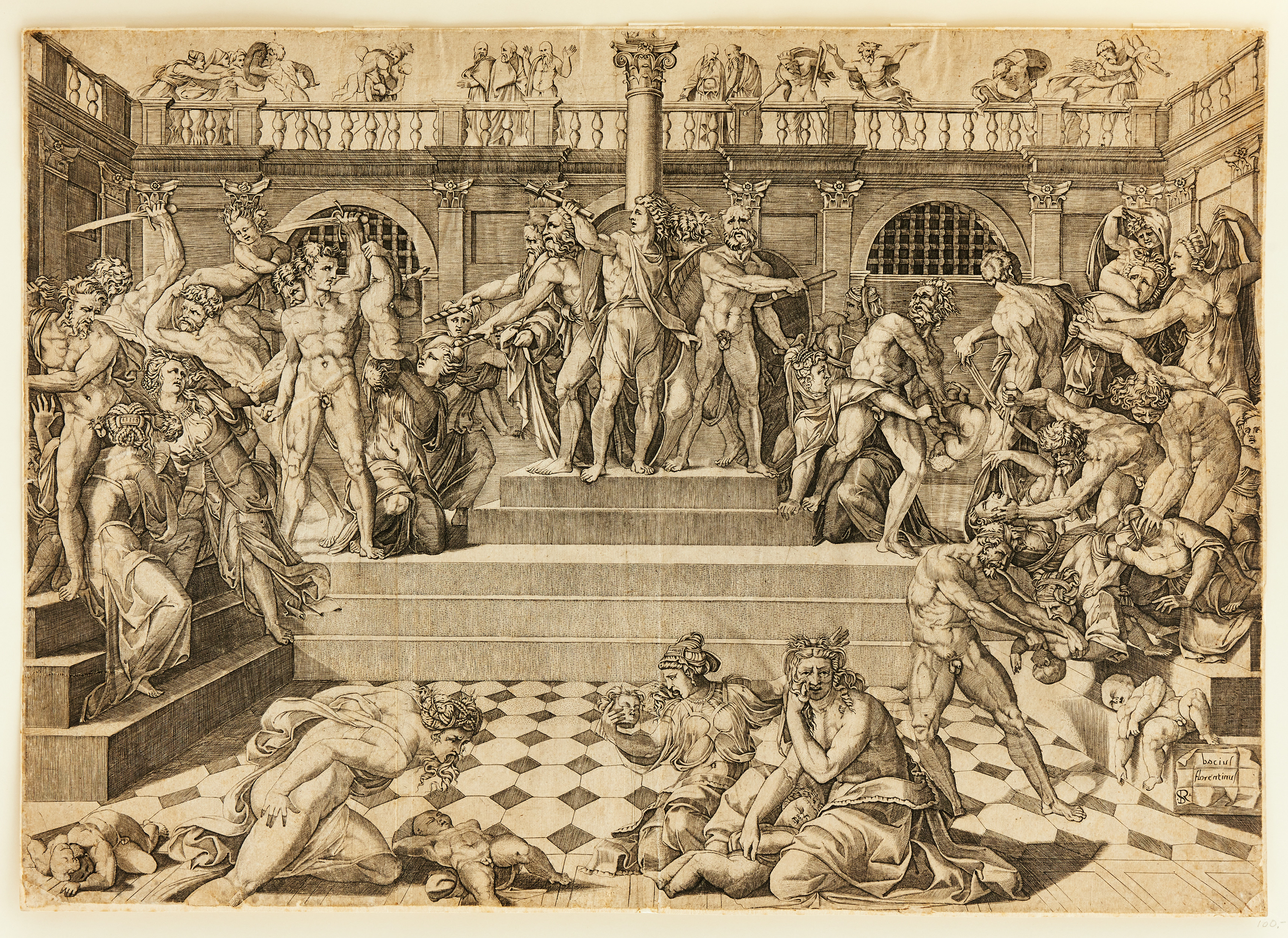 NICOLAS BEATRIZET (ITALY AND FRANCE 1507-1565). AFTER MARCO DENTE (ITALY 1493-1527). AFTER BACCIO BANDINELLI (ITALY 1493-1560). "The Massacre of the Innocents".