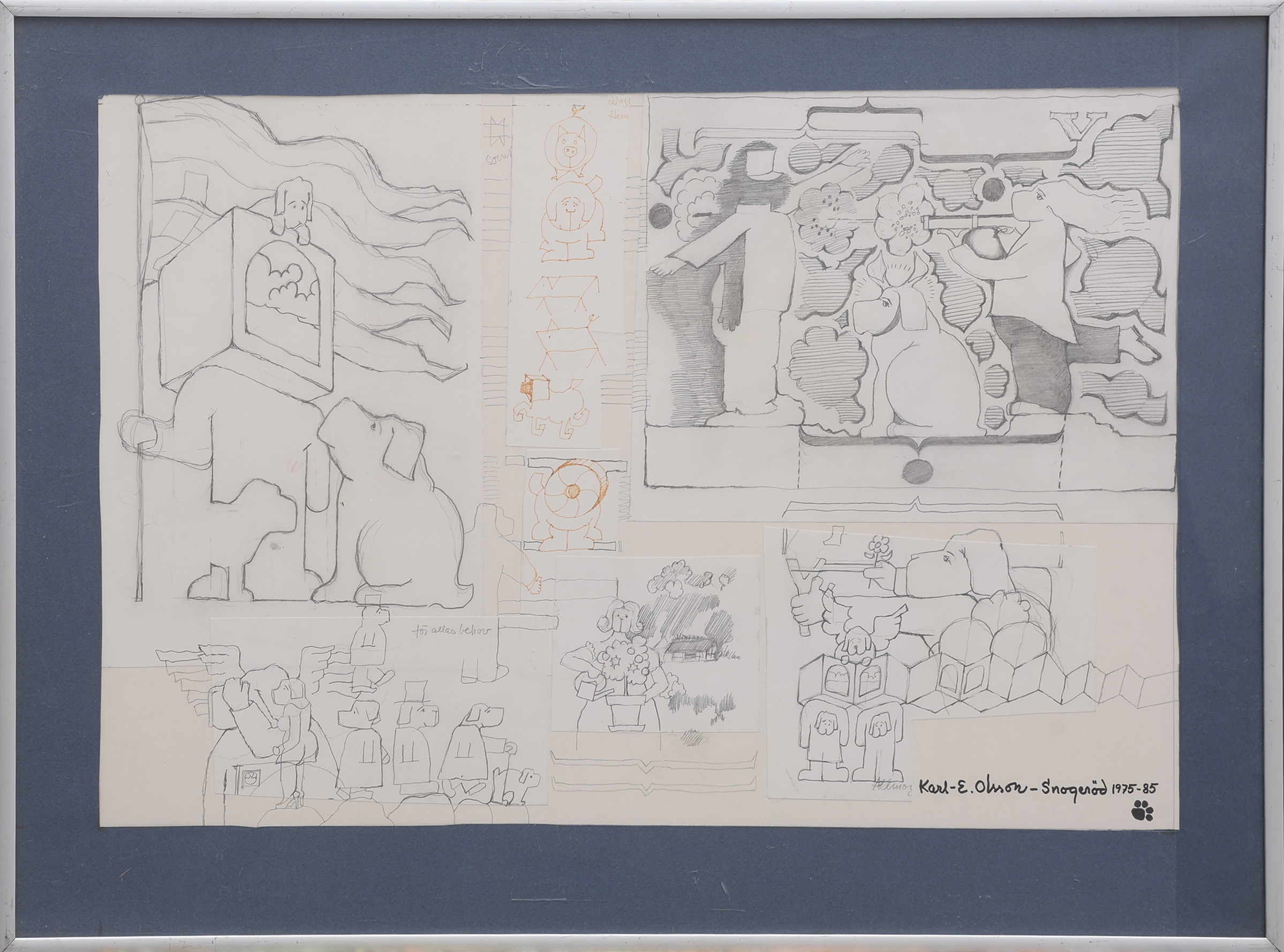 KARL-ERIK OLSSON "SNOGERÖD" 1927-1995. GRAFIT PÅ PAPPER, COLLAGE, SIGNERAD OCH DATERAD 1975-85.