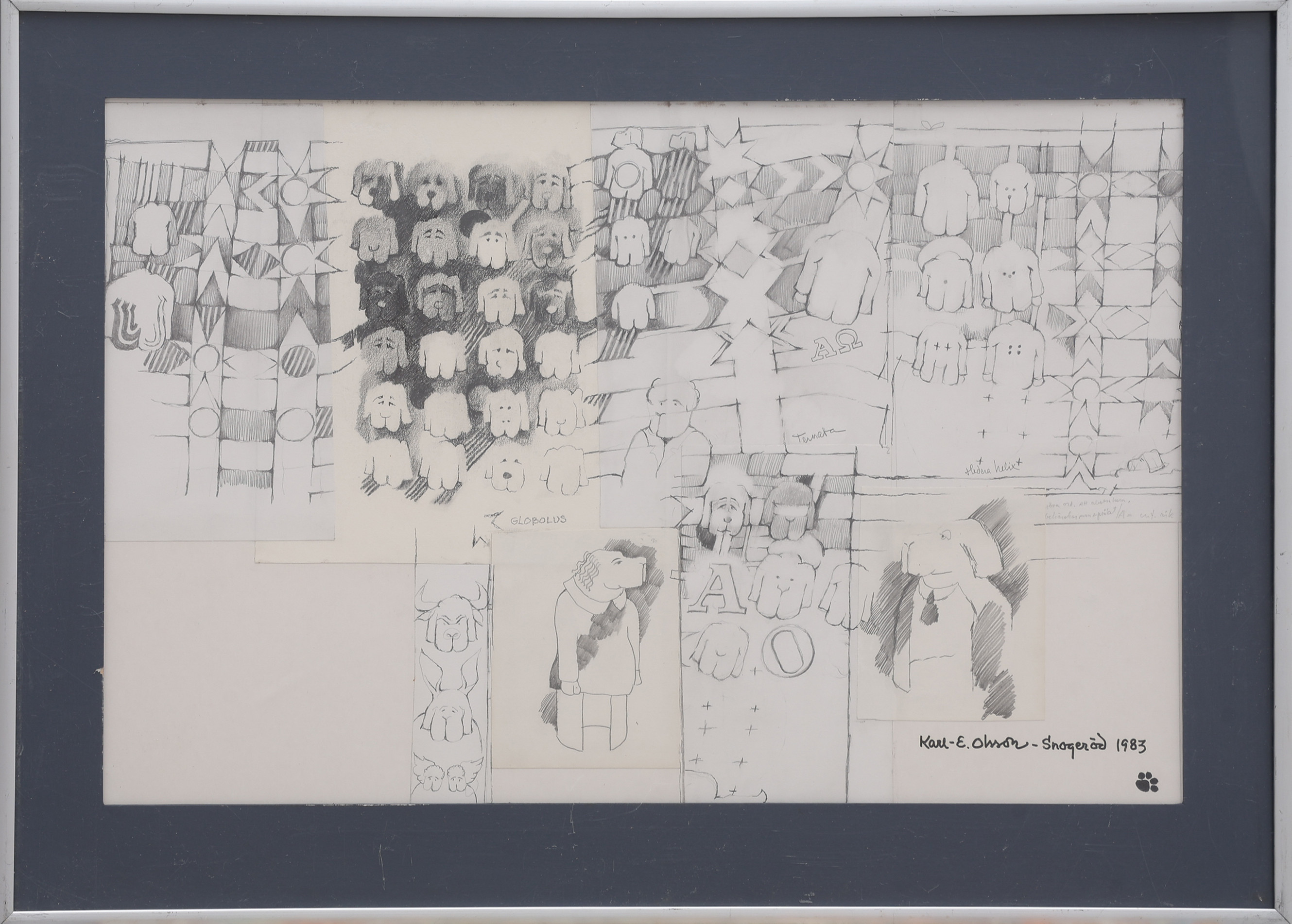 KARL-ERIK OLSSON "SNOGERÖD" 1927-1995. GRAFIT PÅ PAPPER, COLLAGE, SIGNERAD OCH DATERAD 1983.