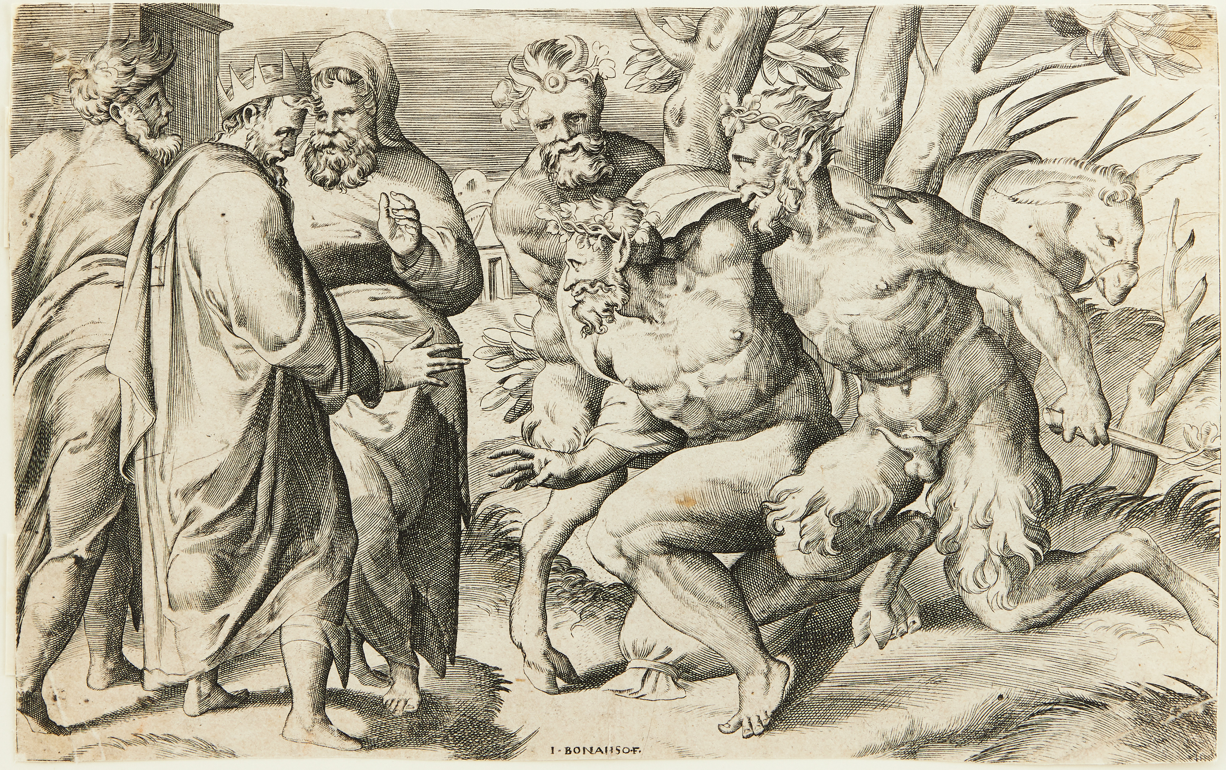 GIULIO BONASONE (ITALY 1498-1576). "Two Satyrs Leading Silenus to King Midas".